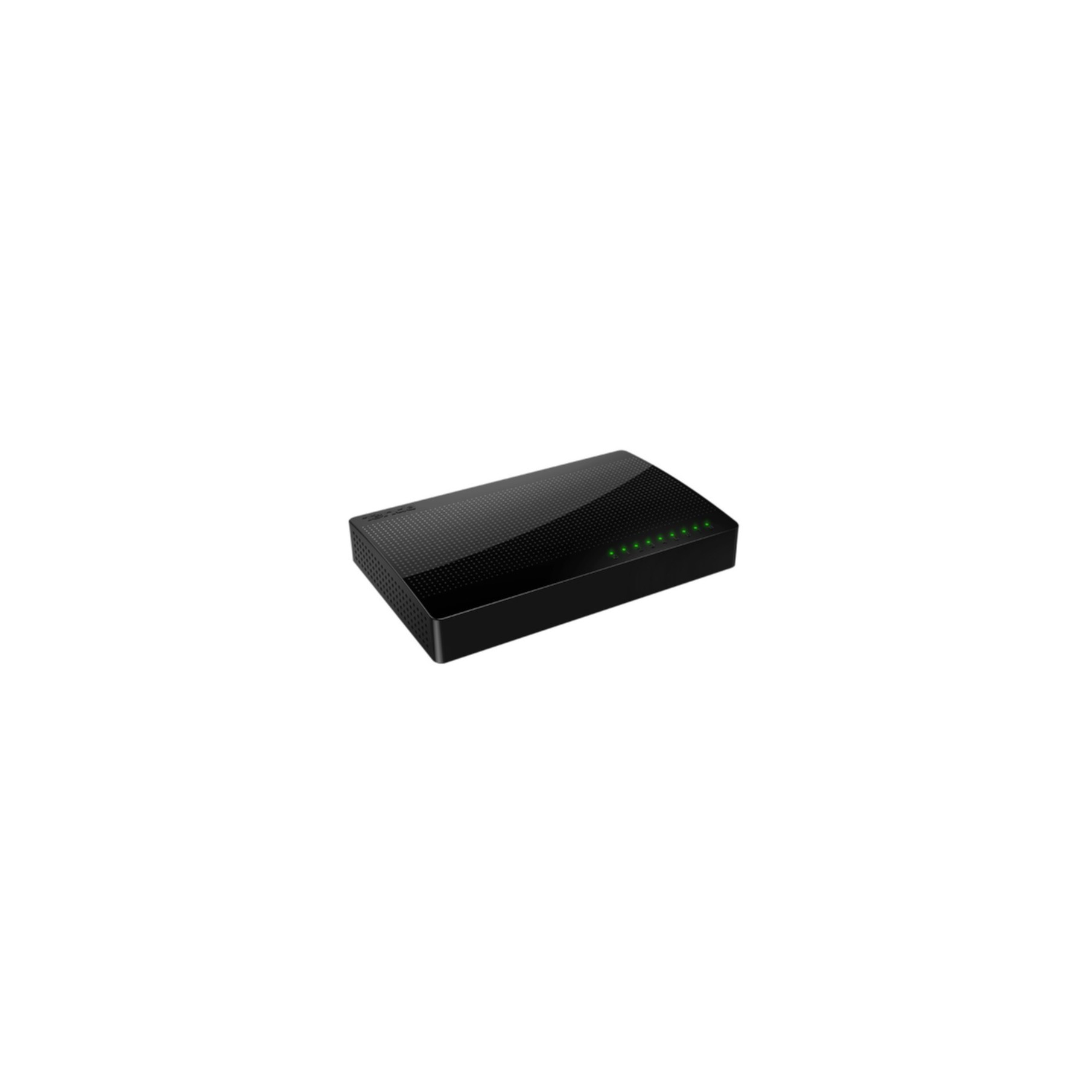 Schwarzer Netzwerk-Switch mit grünen Kontrollleuchten auf weißer Oberfläche.