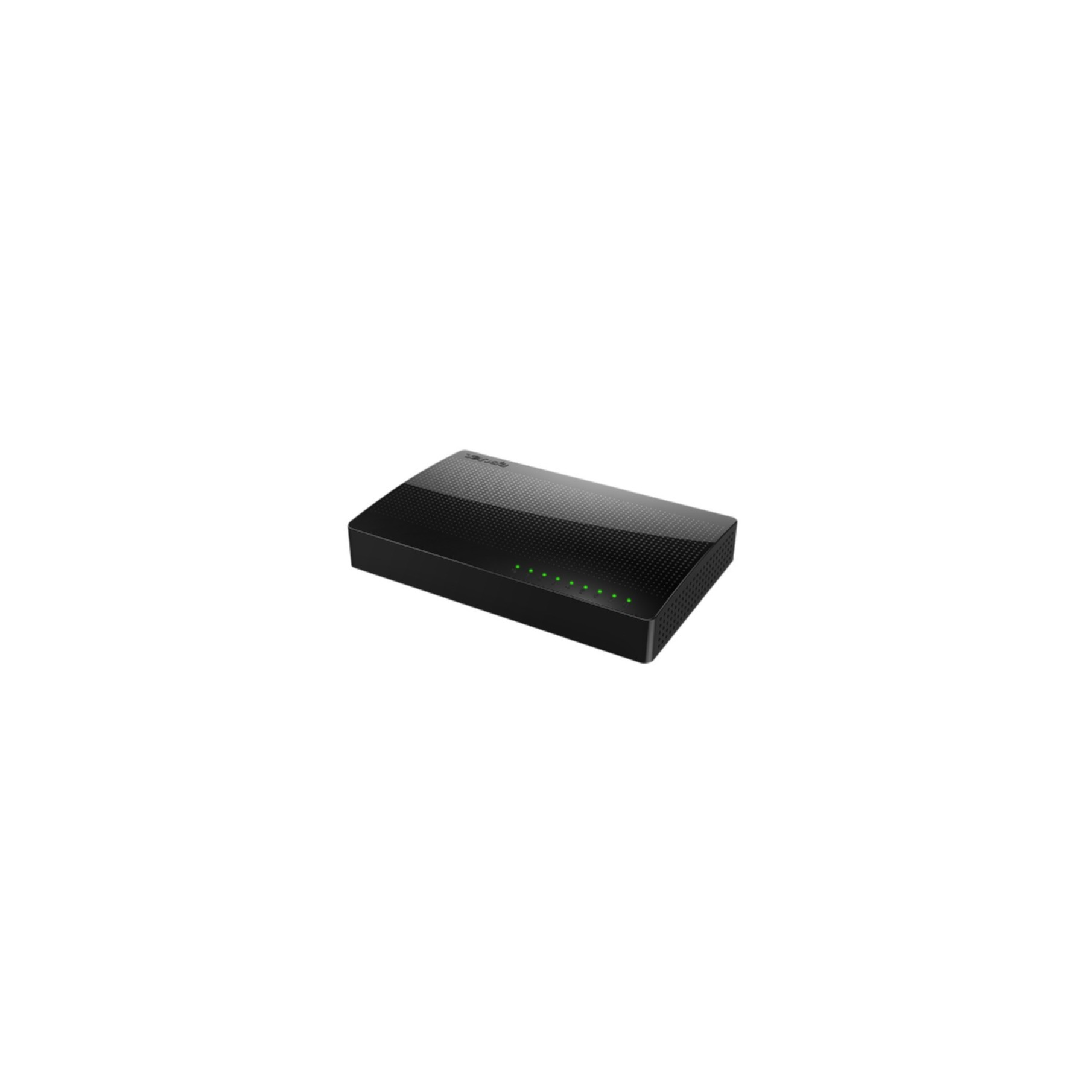Schwarzer Netzwerk-Switch mit grünen Kontrollleuchten auf weißem Hintergrund.