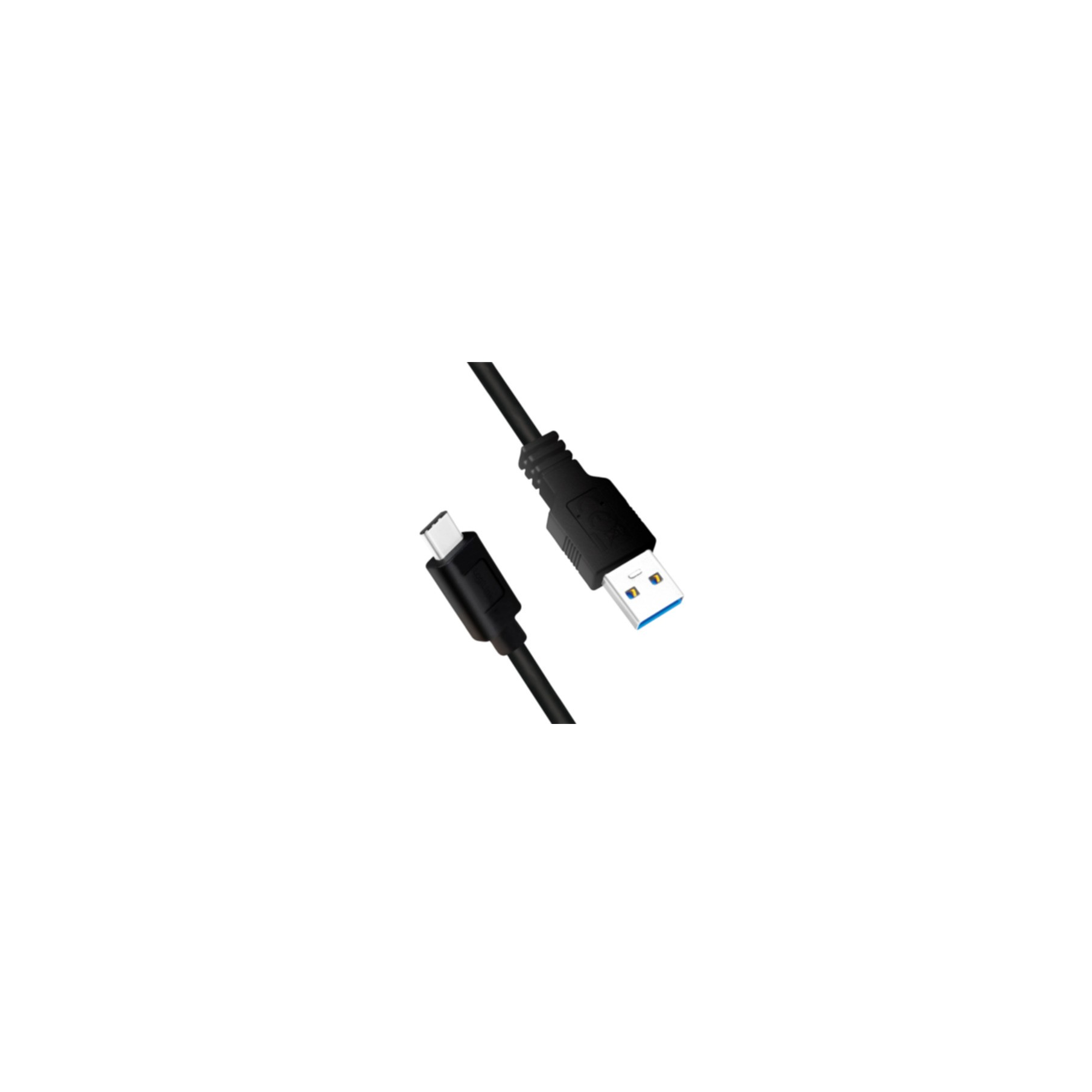 Zwarte USB-kabel met een USB-A- en een USB-C-connector, op een witte achtergrond. Schuine weergave.