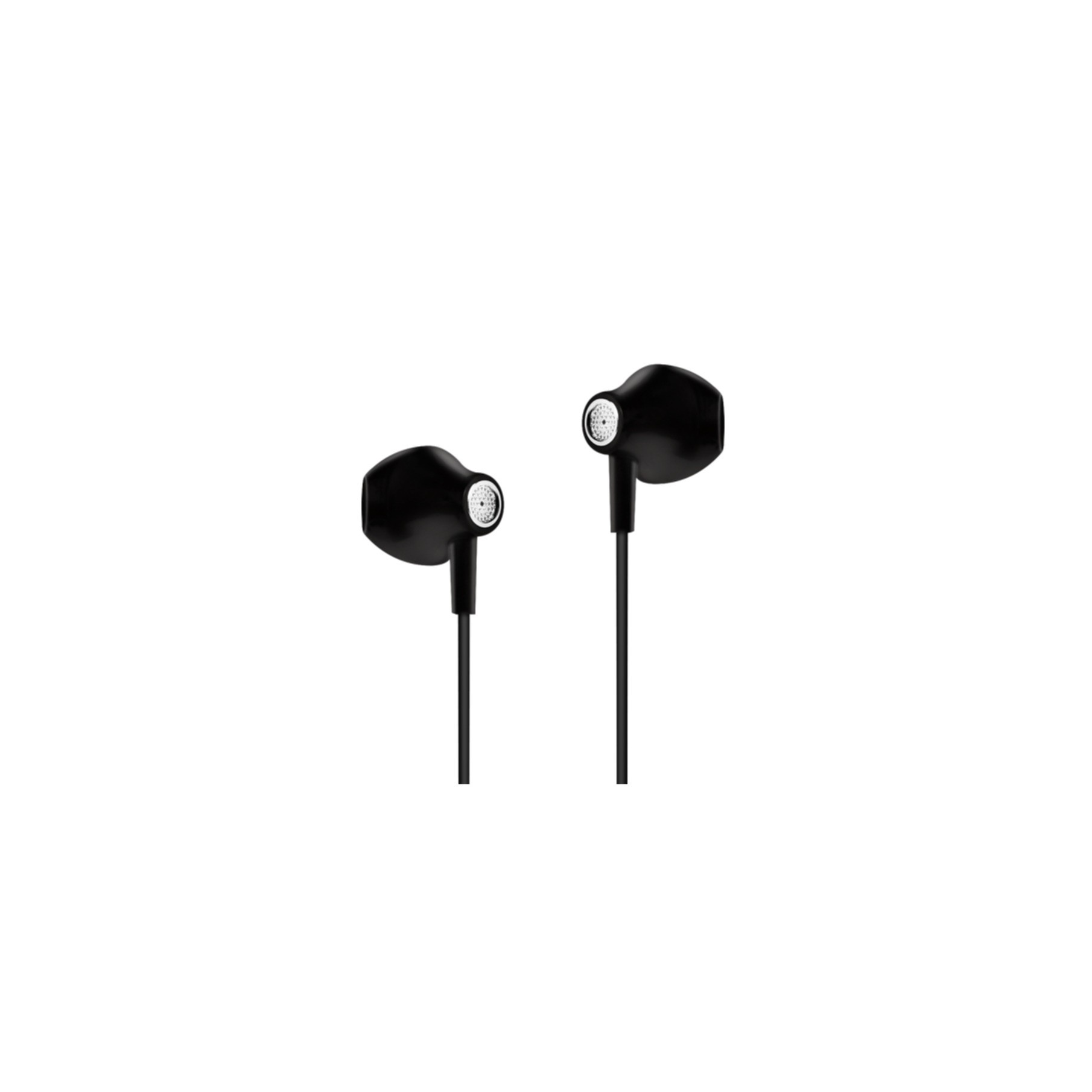 Auricolari neri in-ear con accenti argentati su sfondo bianco.
