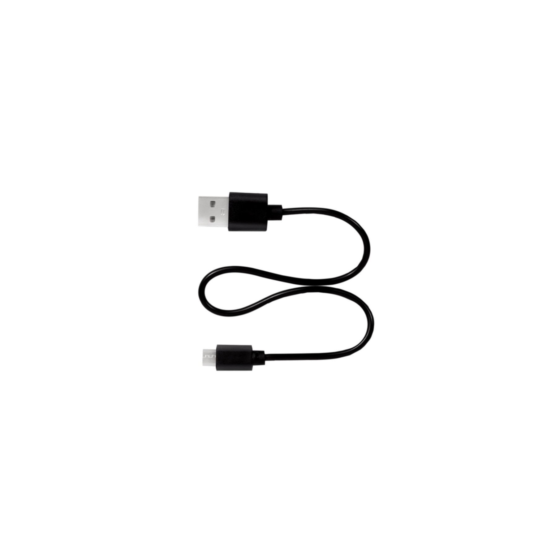 Un cavo USB a Micro USB nero su sfondo bianco.