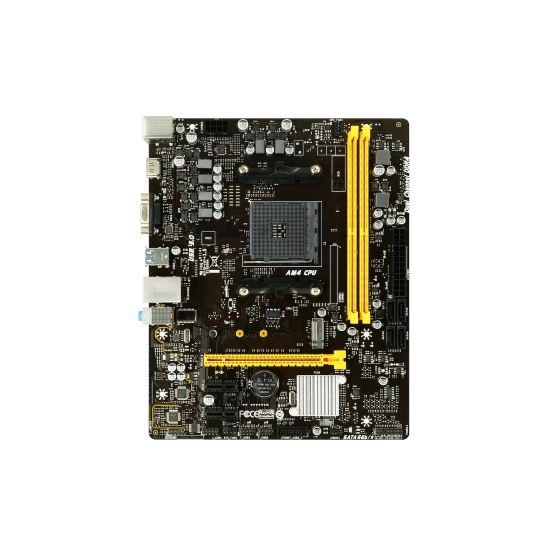 Scheda madre nera con socket CPU, slot RAM e vari componenti su sfondo bianco.
