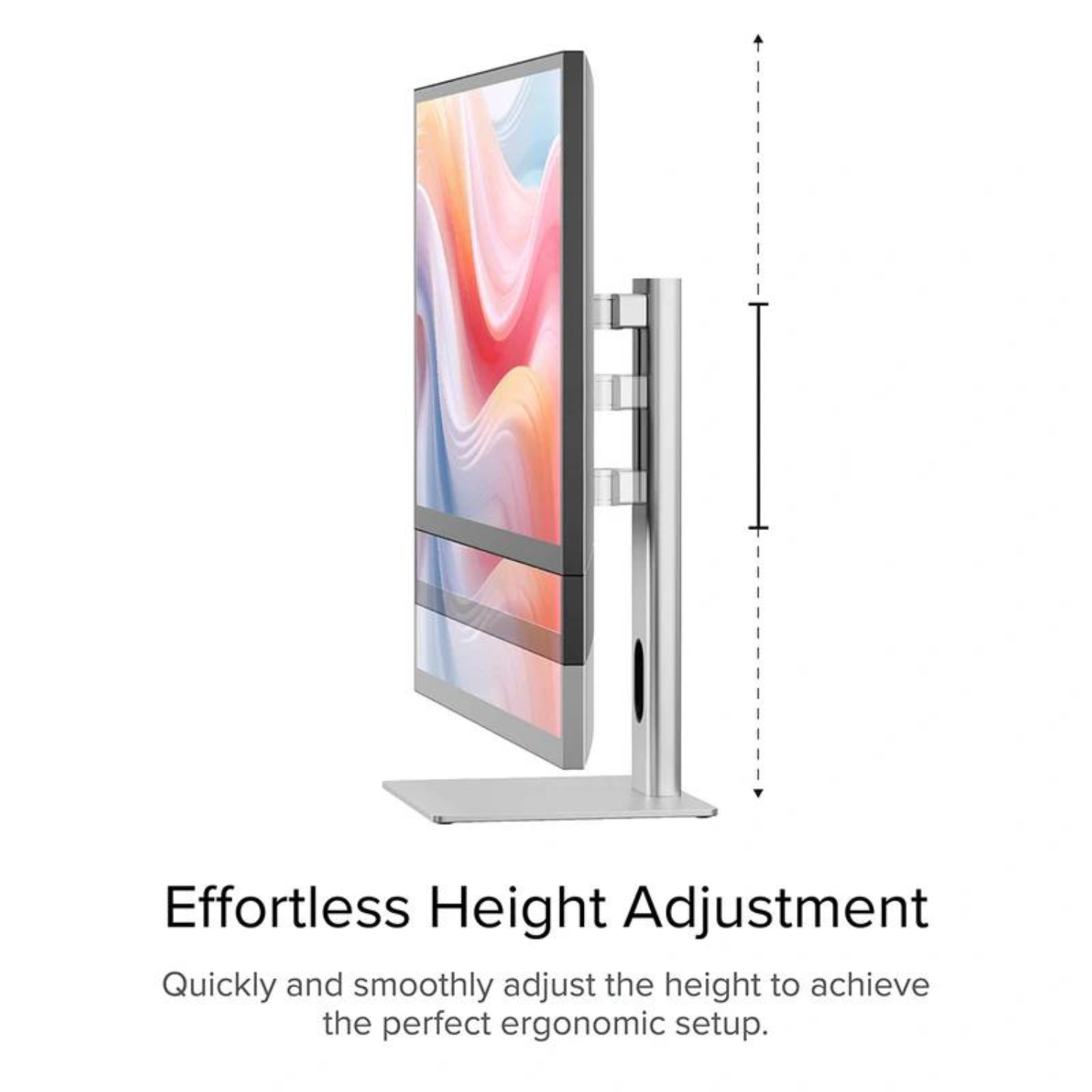 Stojak monitora, widok z boku. Pokazuje zakres regulacji wysokości z przerywanymi liniami i tekstem: Effortless Height Adjustment.