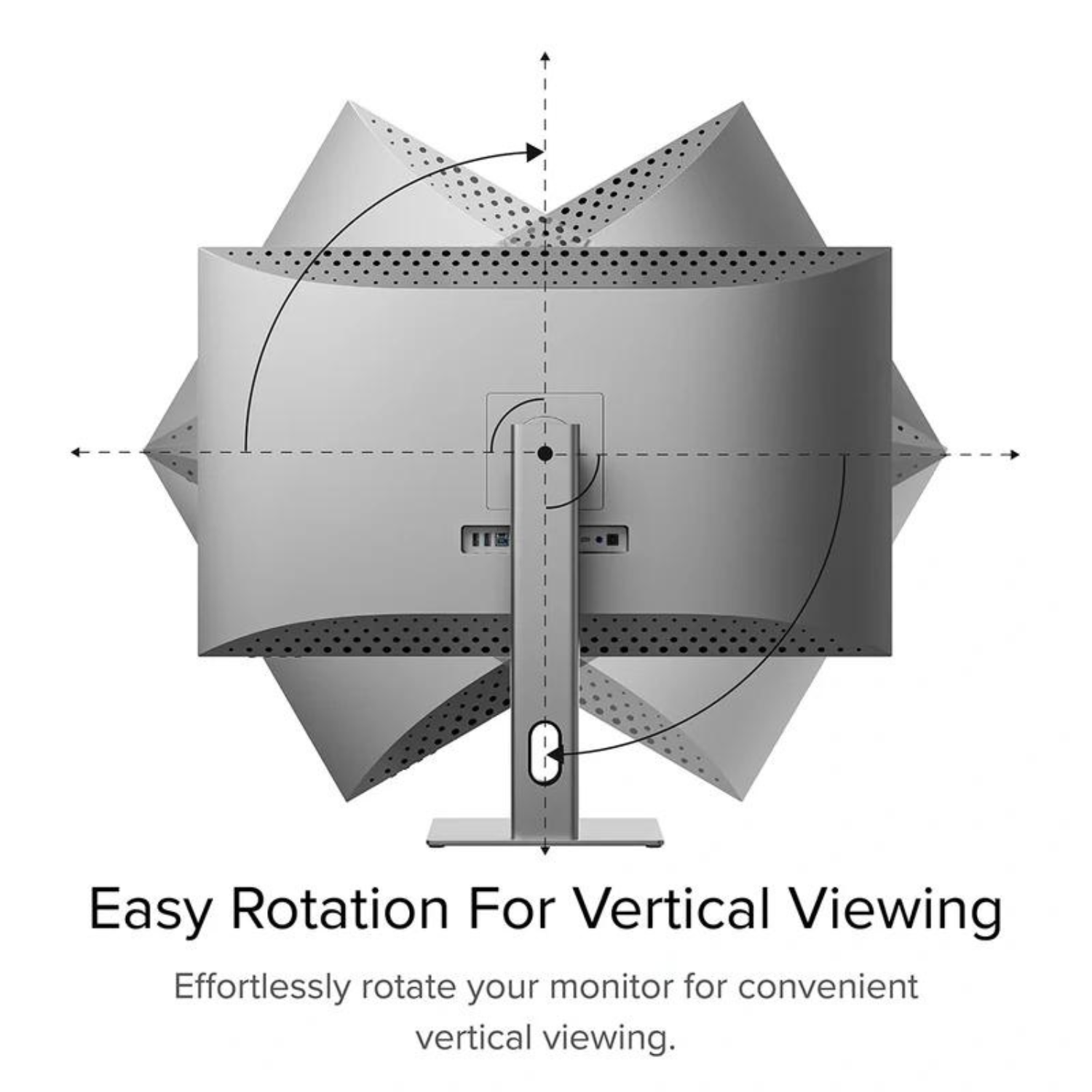 Tył monitora z tekstem 'Easy Rotation For Vertical Viewing' i strzałkami.
