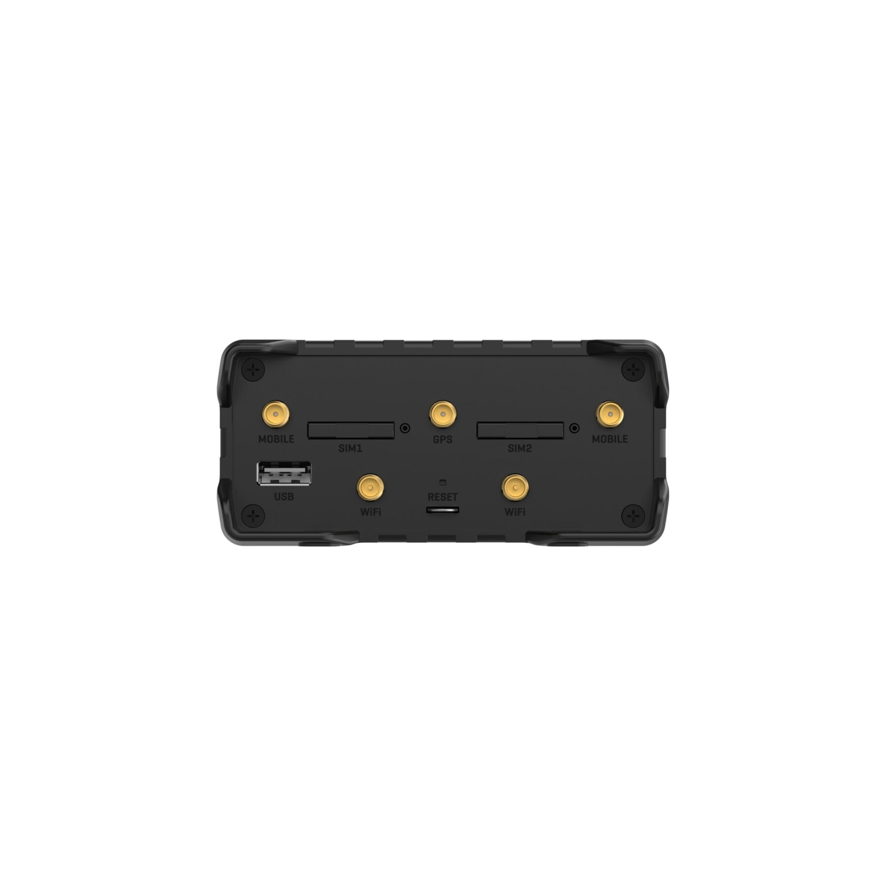Dispositivo nero con etichette per mobile, SIM, GPS, WiFi e pulsanti di reset. Sfondo bianco.