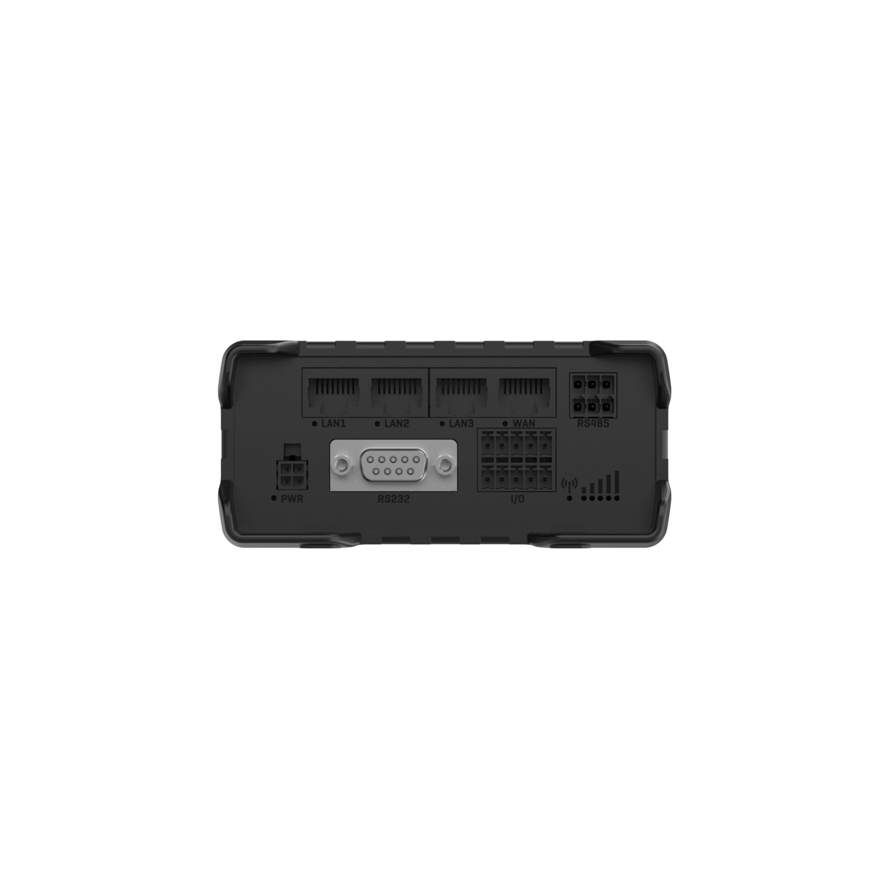 Router nero con porte. Etichette: LAN, WAN, RS232, PWR, I/O. Sfondo bianco.