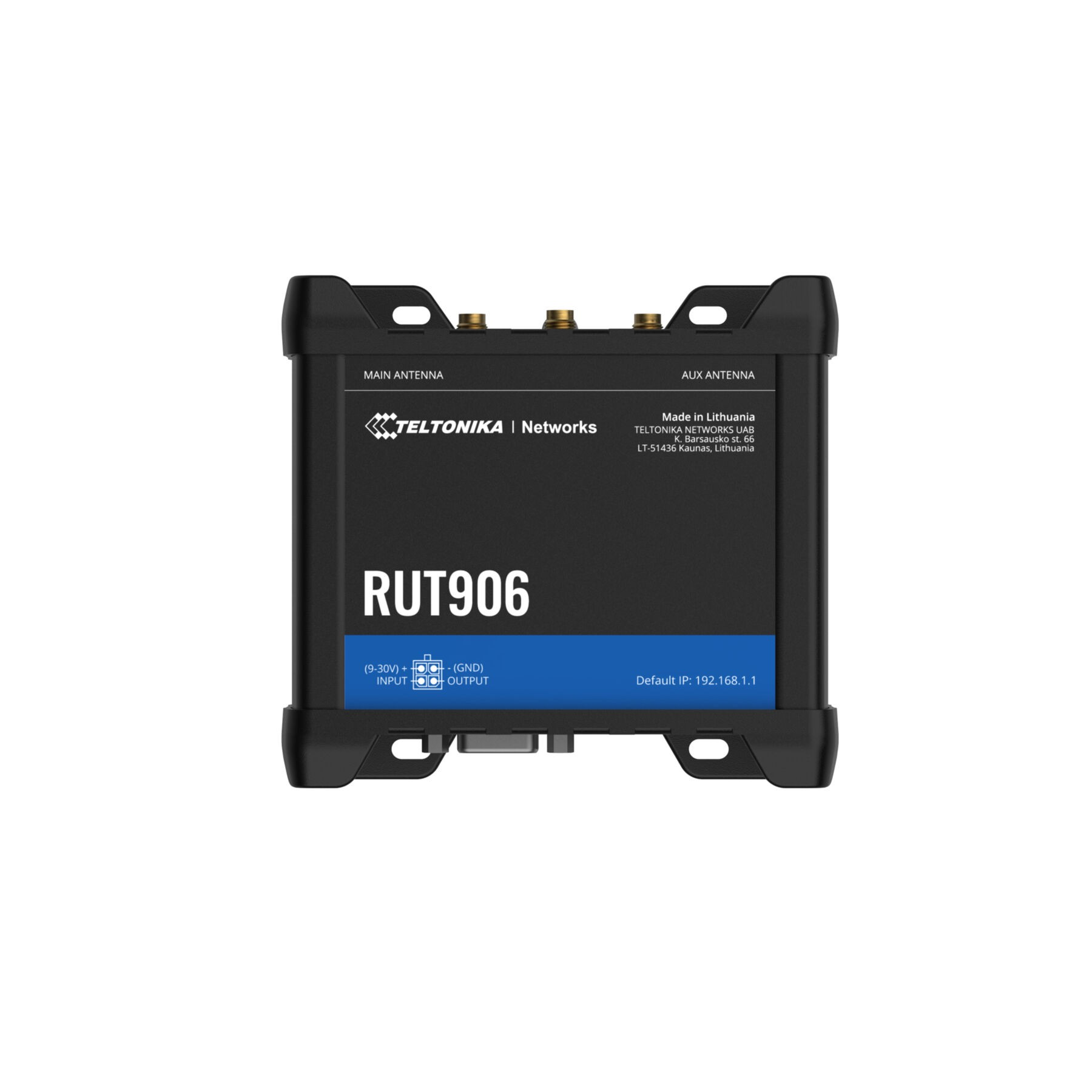 Router nero con antenne ed etichette. Ha il nome del modello 'RUT906'.