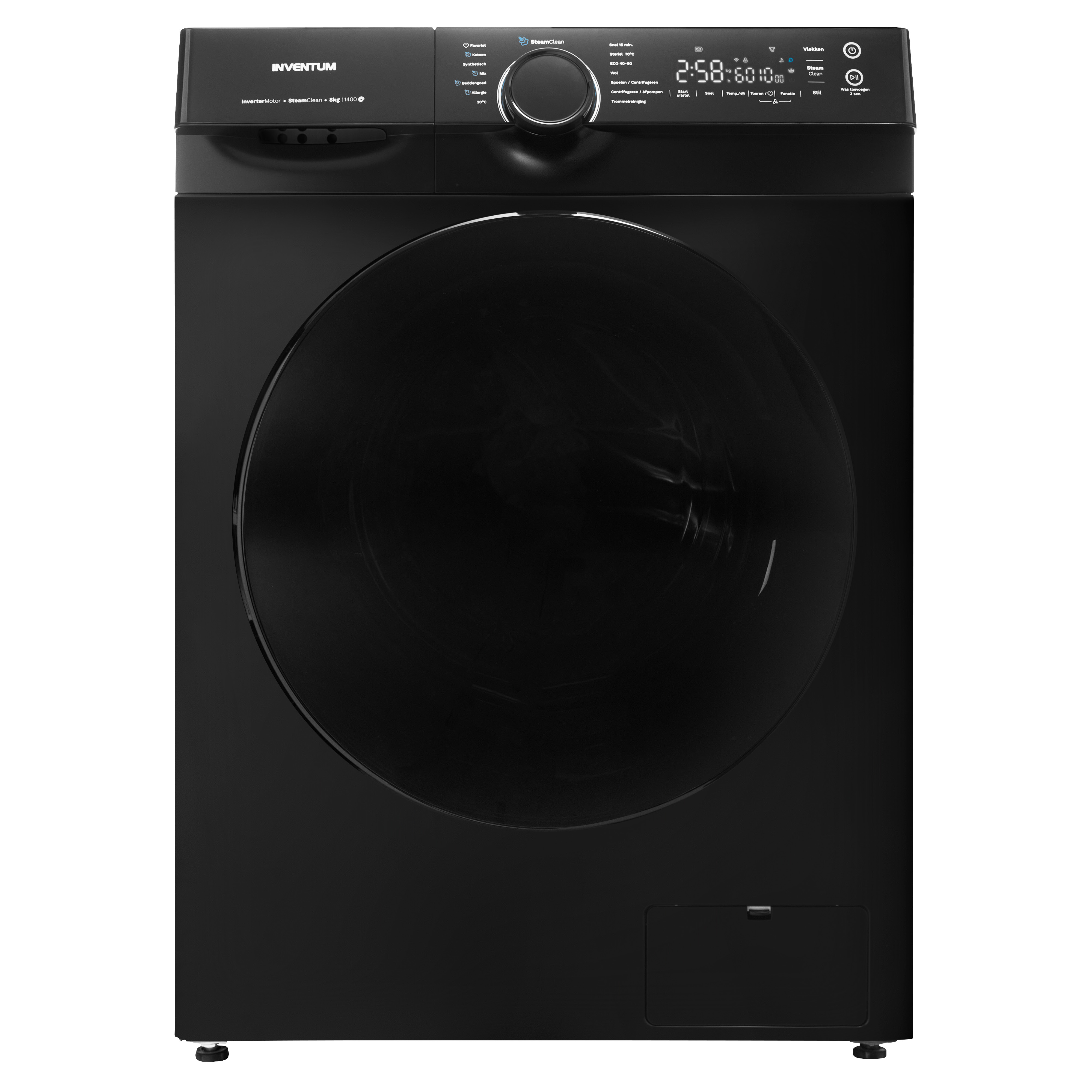 Black washing machine with a large circular door. White background.