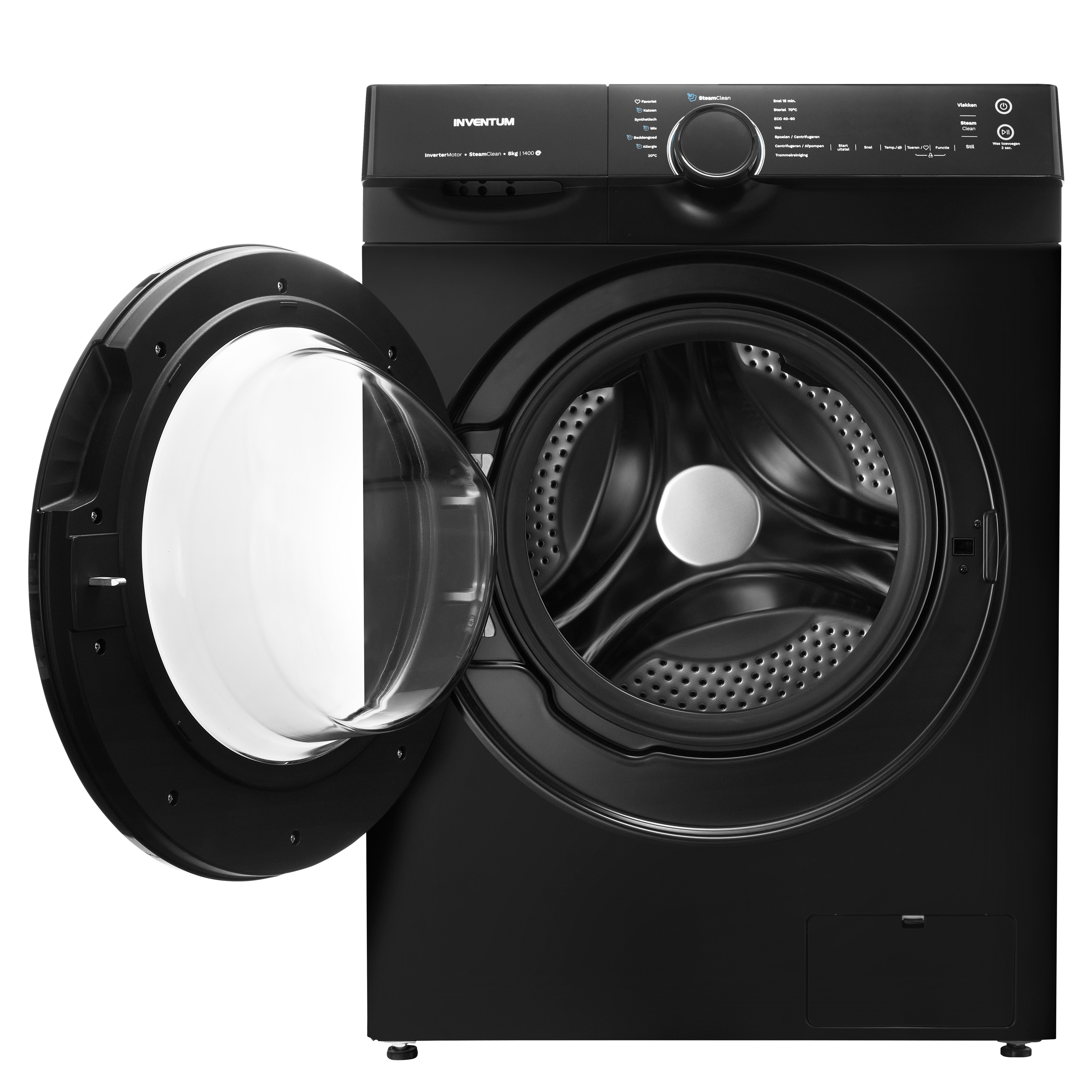 Black washing machine with open door. The brand name 'INVENTUM' is visible.