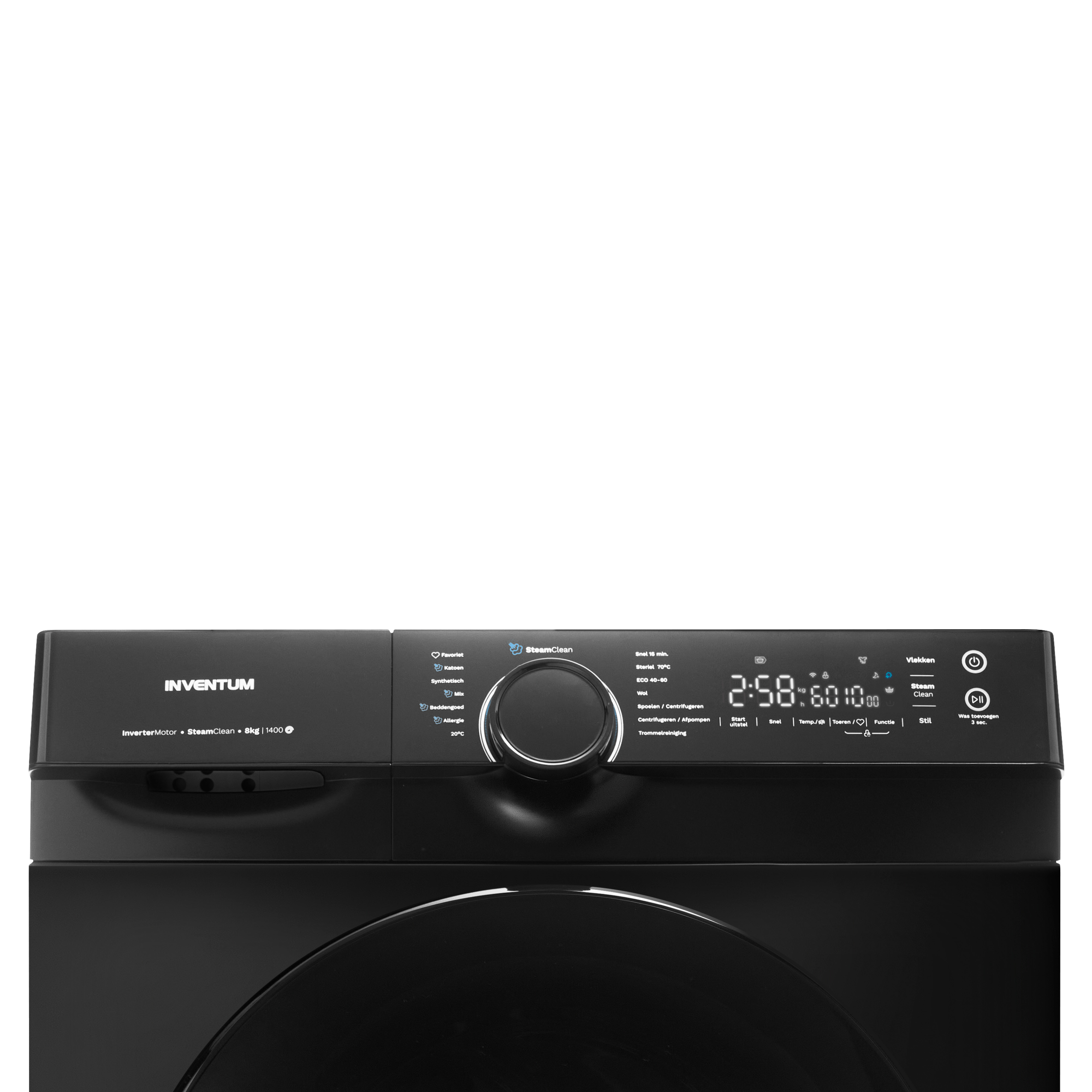 Black washing machine control panel with display.