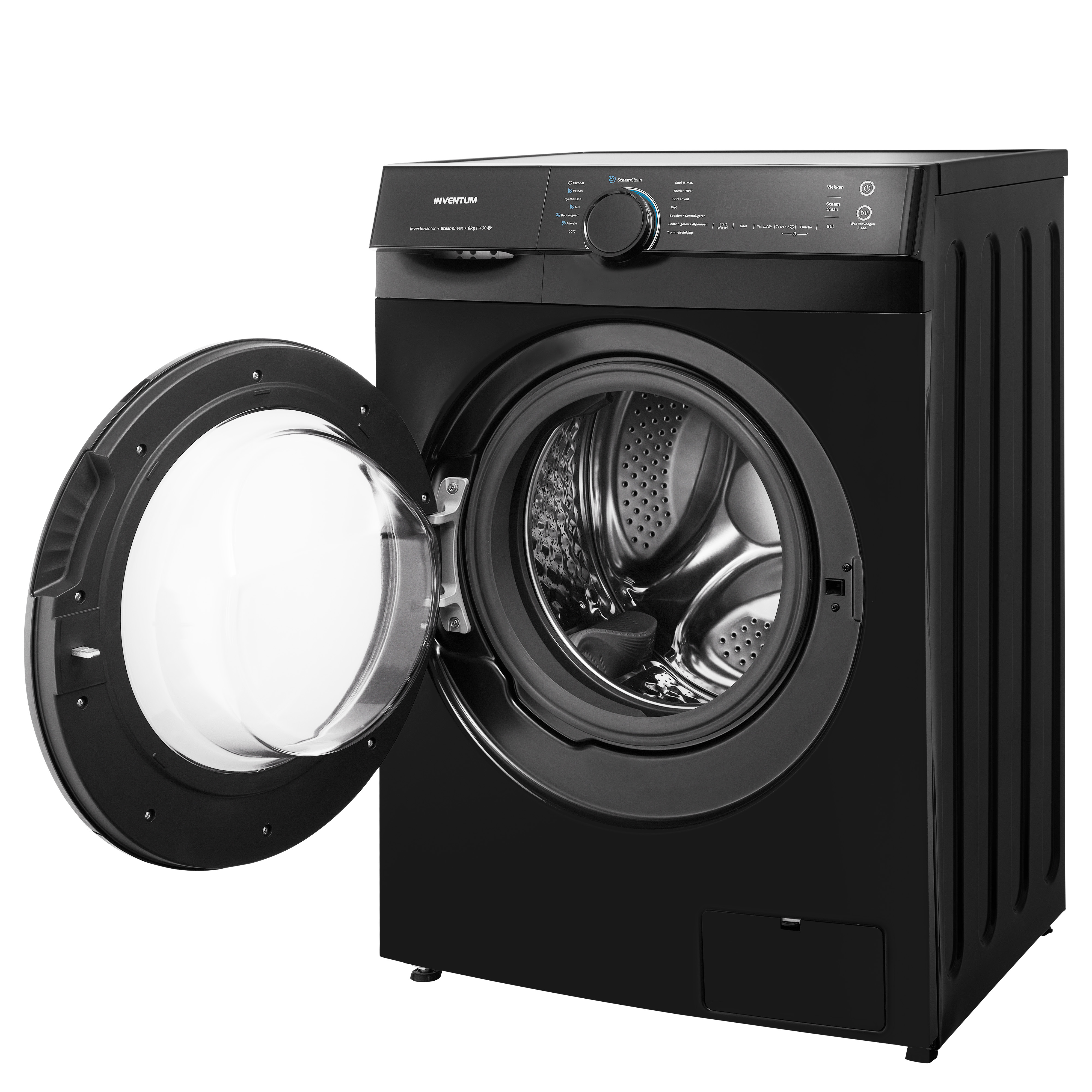 Black washing machine with opened door, showing the inside drum, on white background.