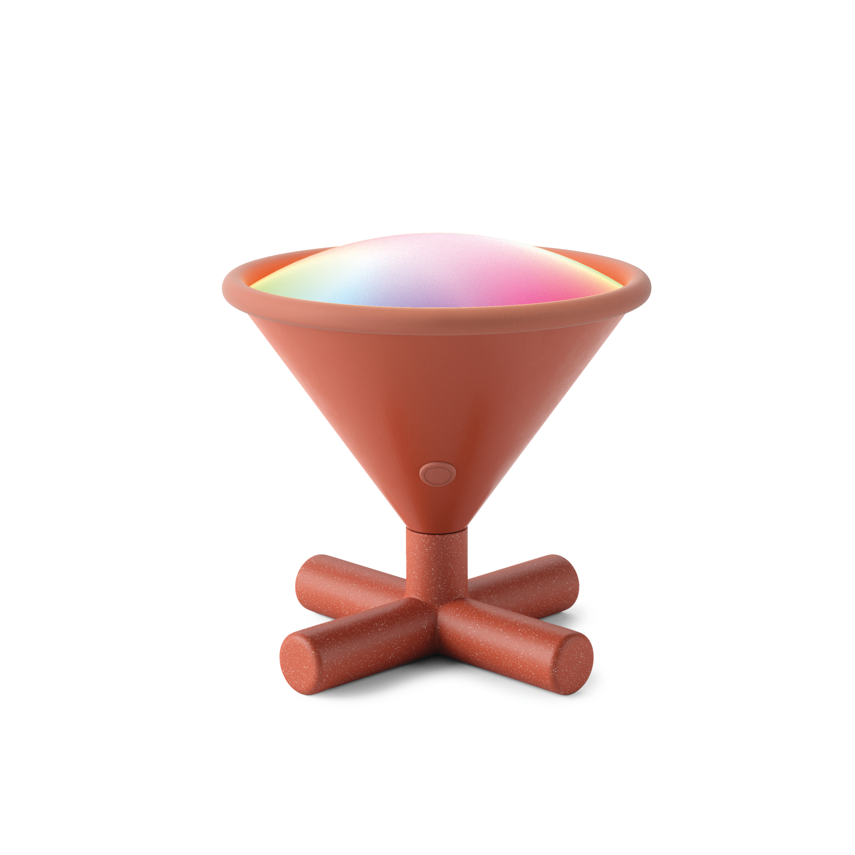 Una lampada marrone con un paralume conico, emette una luce color arcobaleno.
