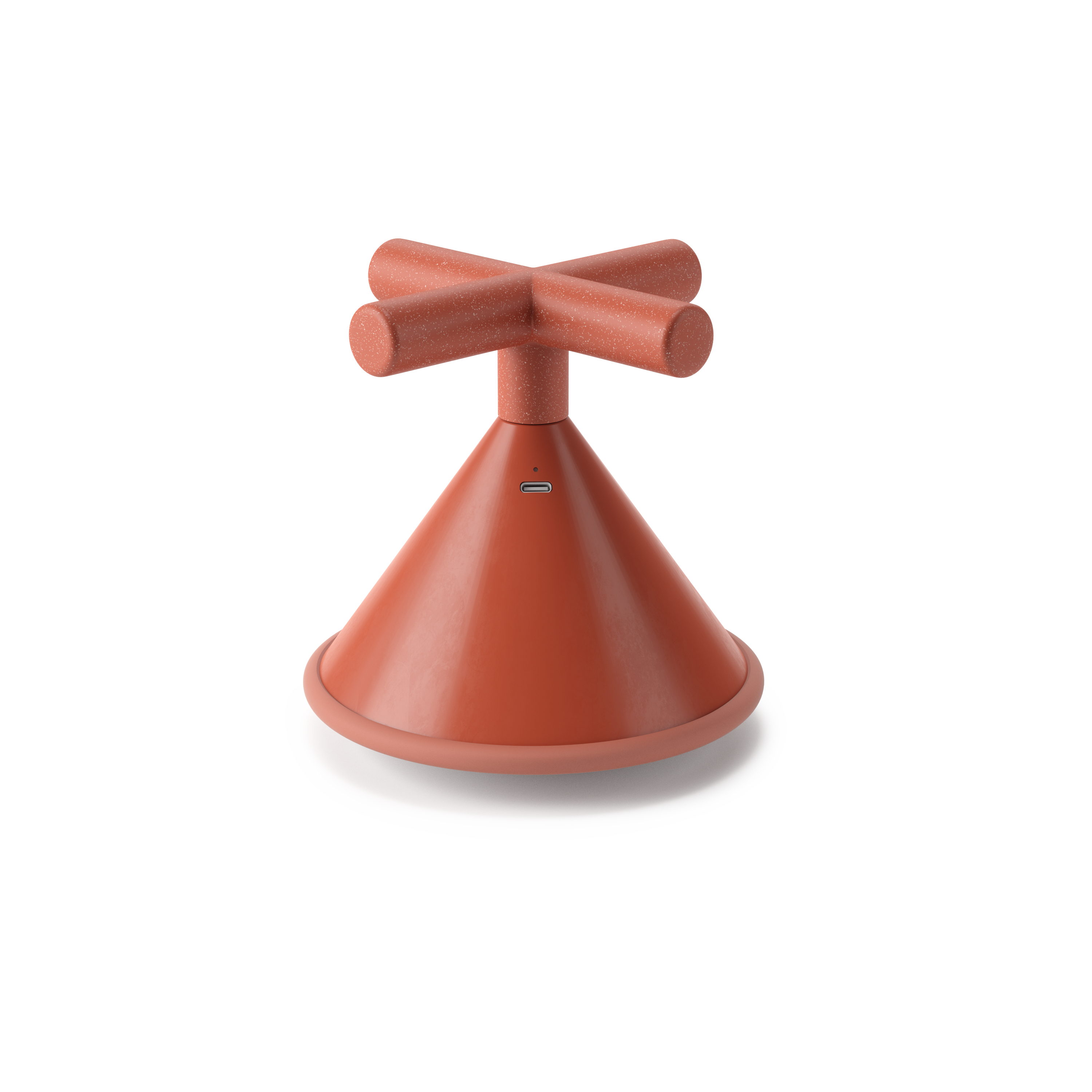 Oggetto a forma di cono, rosso-arancio, con parte superiore a forma di croce, porta USB e base circolare.