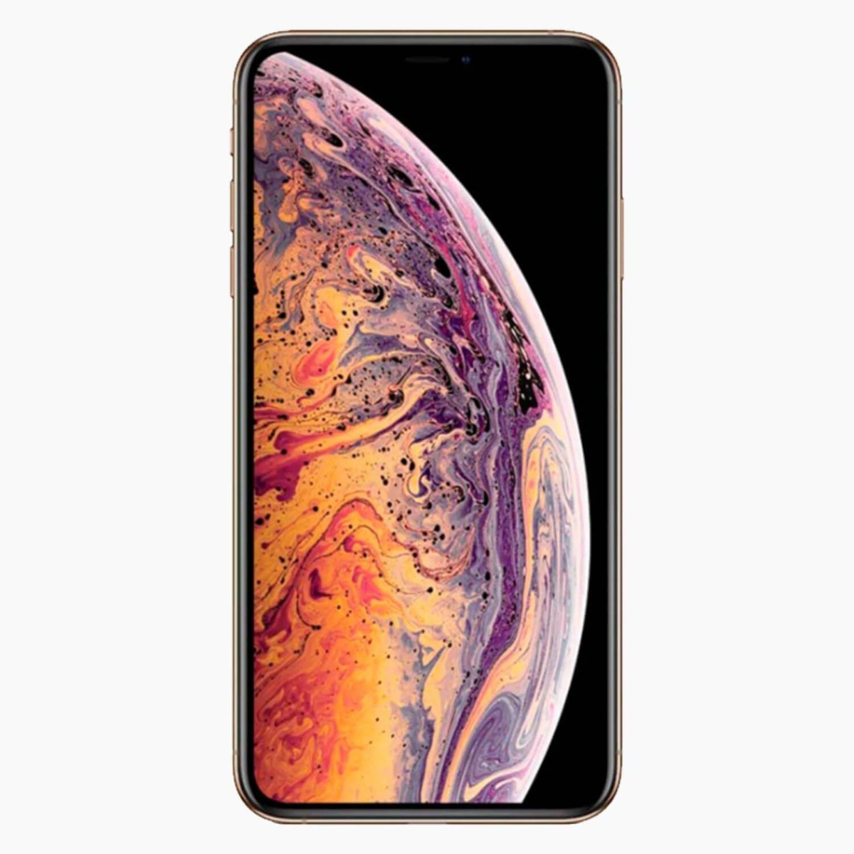 Smartphone-Bildschirm mit farbenfrohem, abstraktem Hintergrund. Goldrahmen, schwarzer Bildschirm.