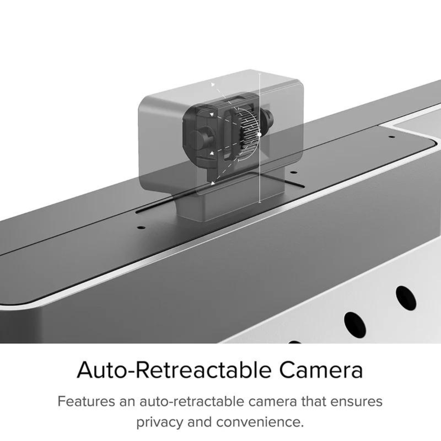 Zbliżenie obiektywu z mechanizmem wysuwanym, tekst: "Auto-Retractable Camera".