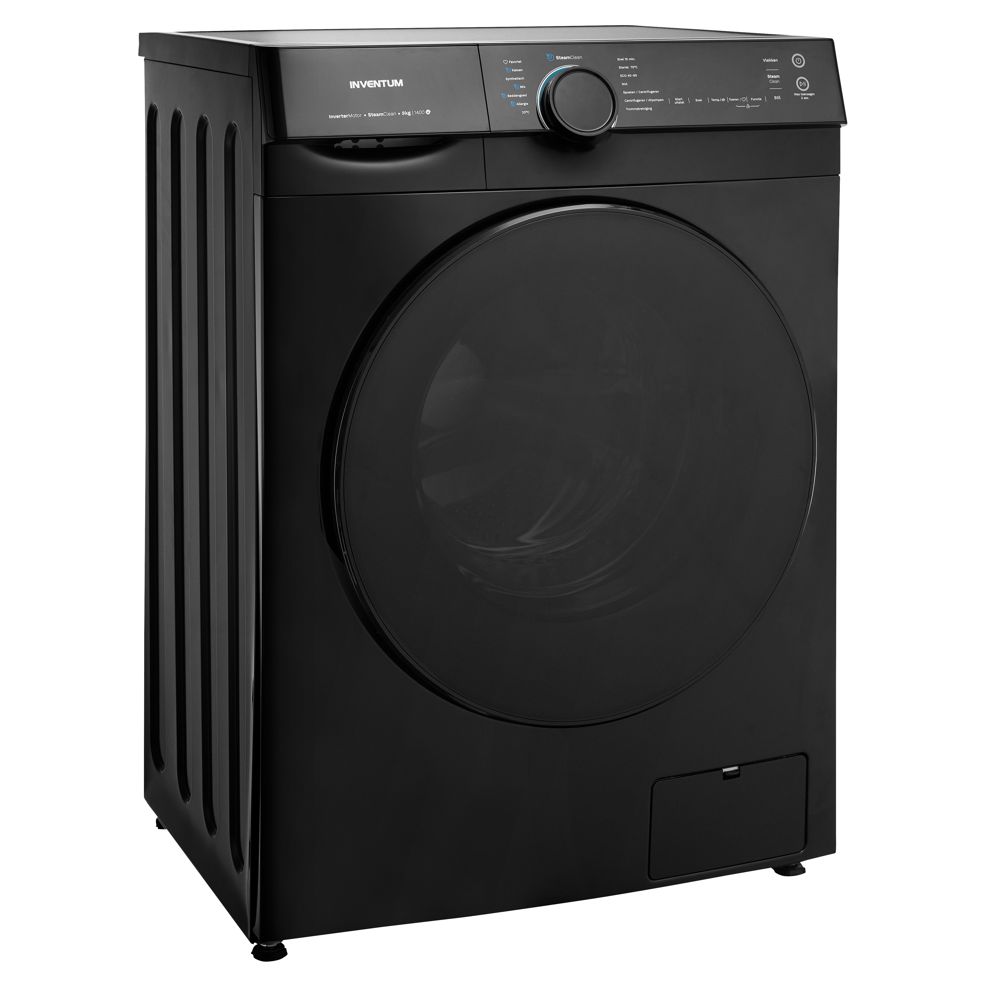 Black washing machine, right side view, on a white background. Door is closed.