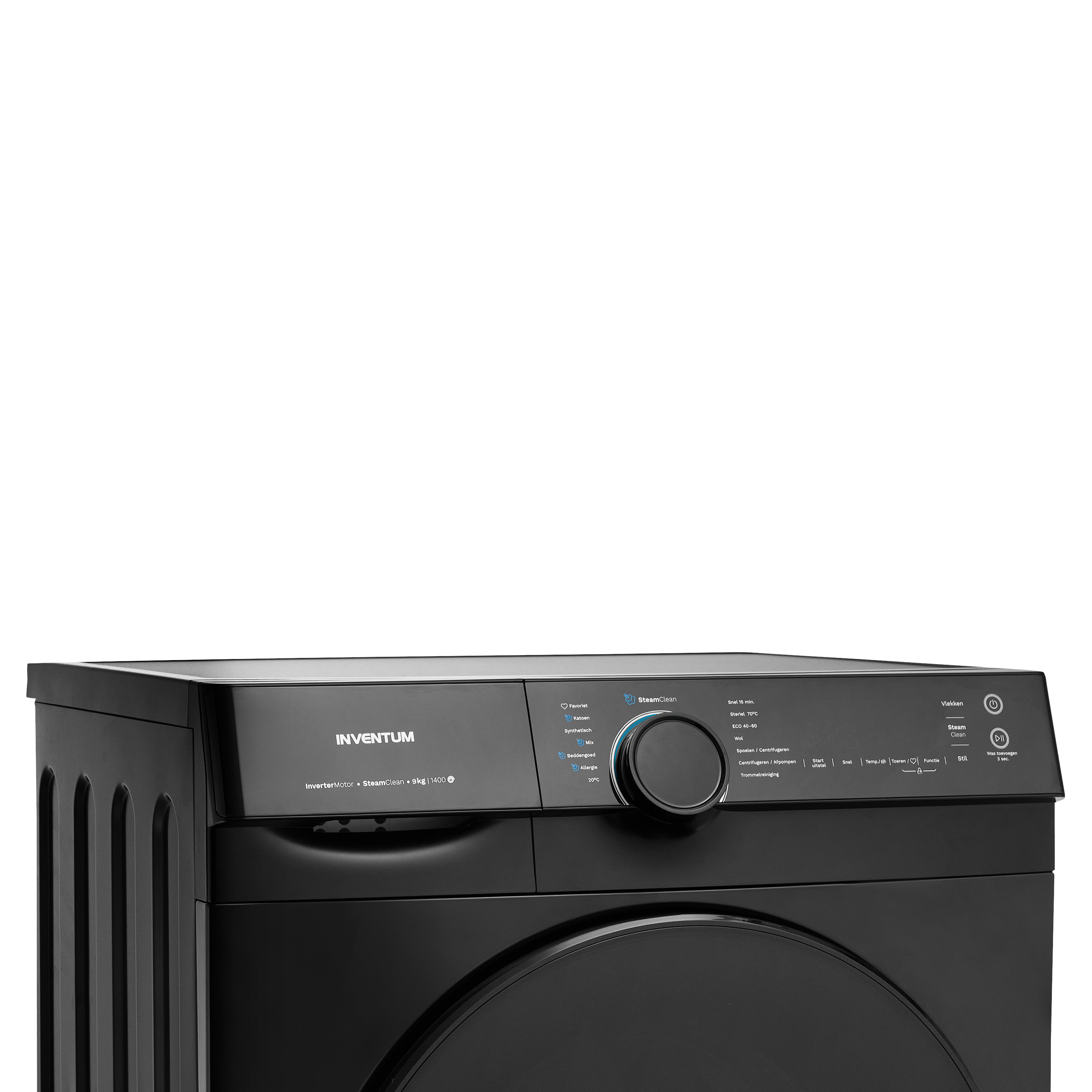 Black washing machine control panel close up. Black body, white background.