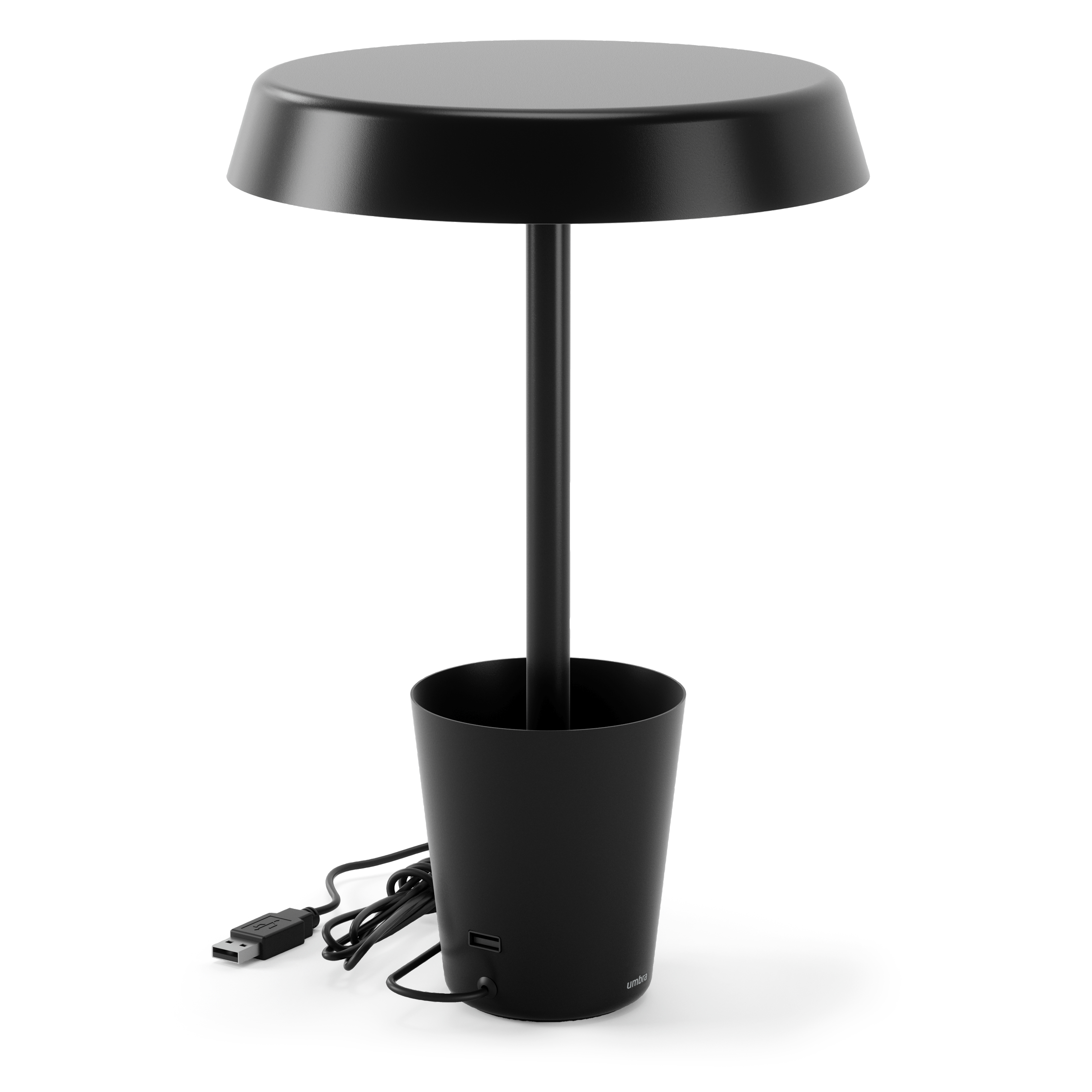 Lampada nera con parte superiore rotonda e base a forma di vaso, con cavo USB, su sfondo bianco.