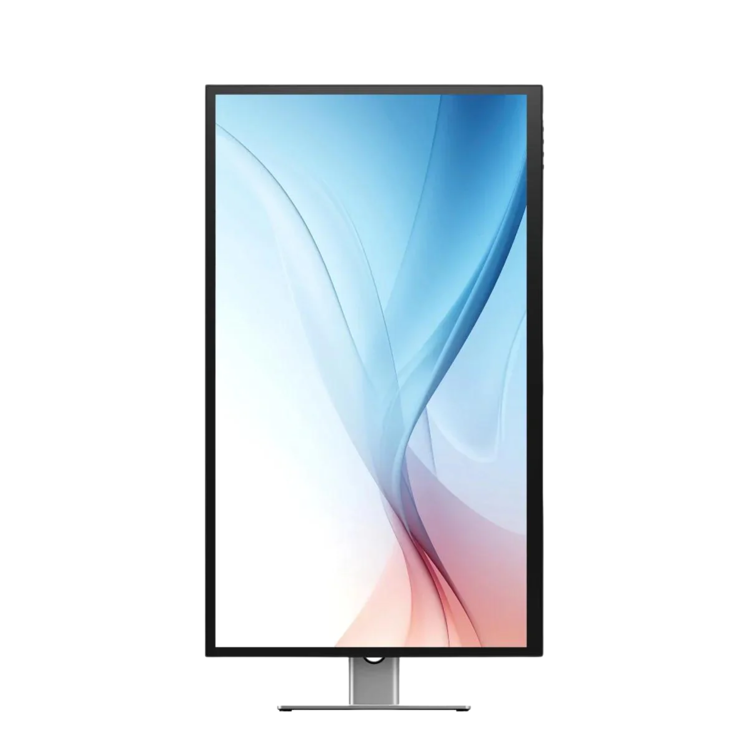 Monitor con cornice nera, base argentata. Mostra un design astratto di onde blu, rosse e bianche.