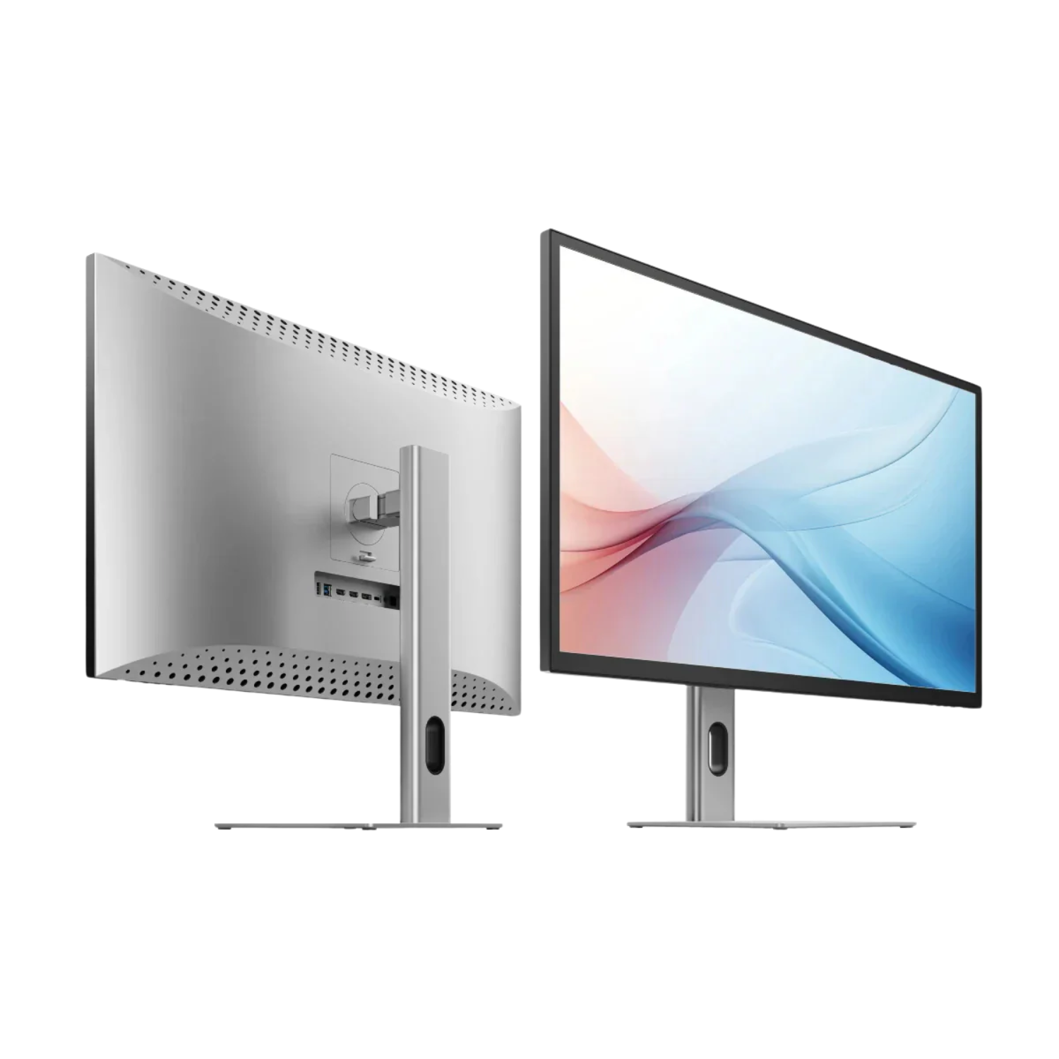 Due monitor per computer argentati. Uno mostra un'immagine astratta colorata, l'altro il retro.