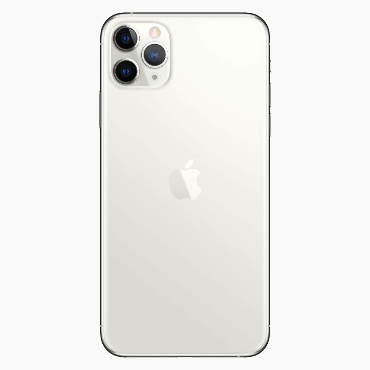 Die Rückseite eines iPhone 11 Pro in Weiß. Es hat drei Kameralinsen und das Apple-Logo.