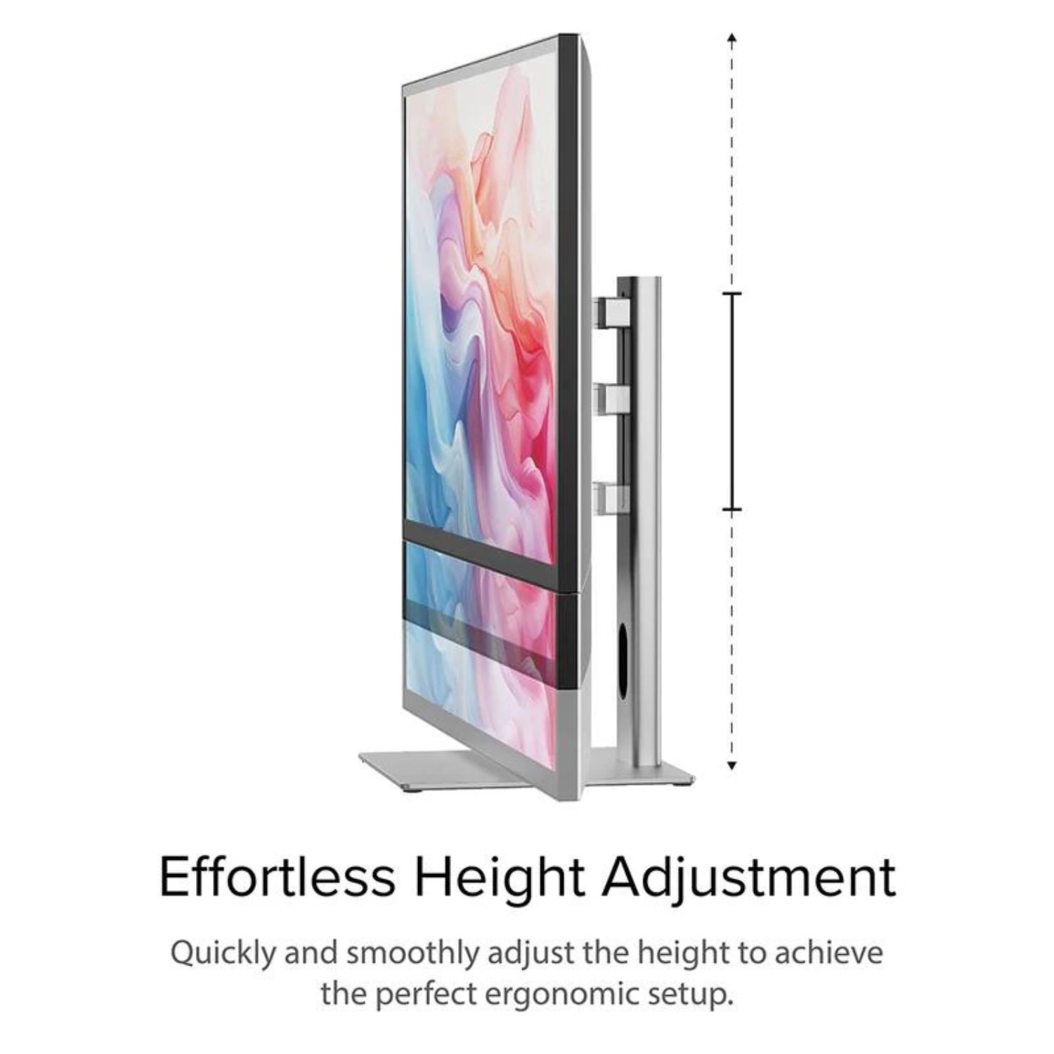 Ein Monitor auf einem Ständer, mit dem Text 'Effortless Height Adjustment'.