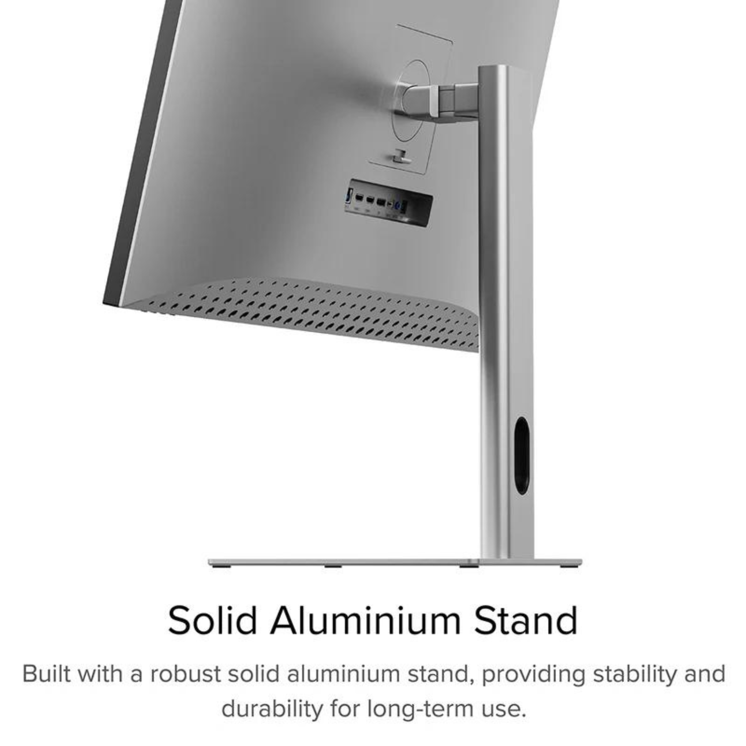 Silberner Computermonitorständer, Text: Solider Aluminiumständer. Weißer Hintergrund.