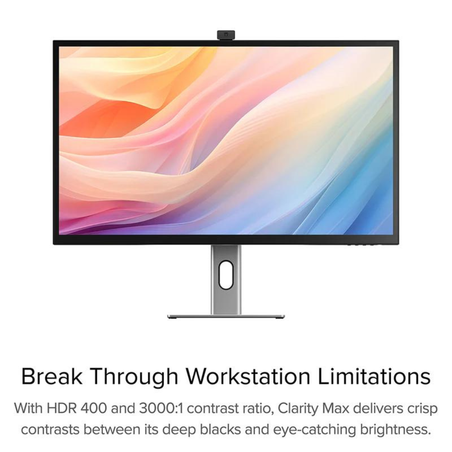 Ein Computermonitor mit Kamera oben, zeigt bunte abstrakte Formen auf dem Bildschirm.