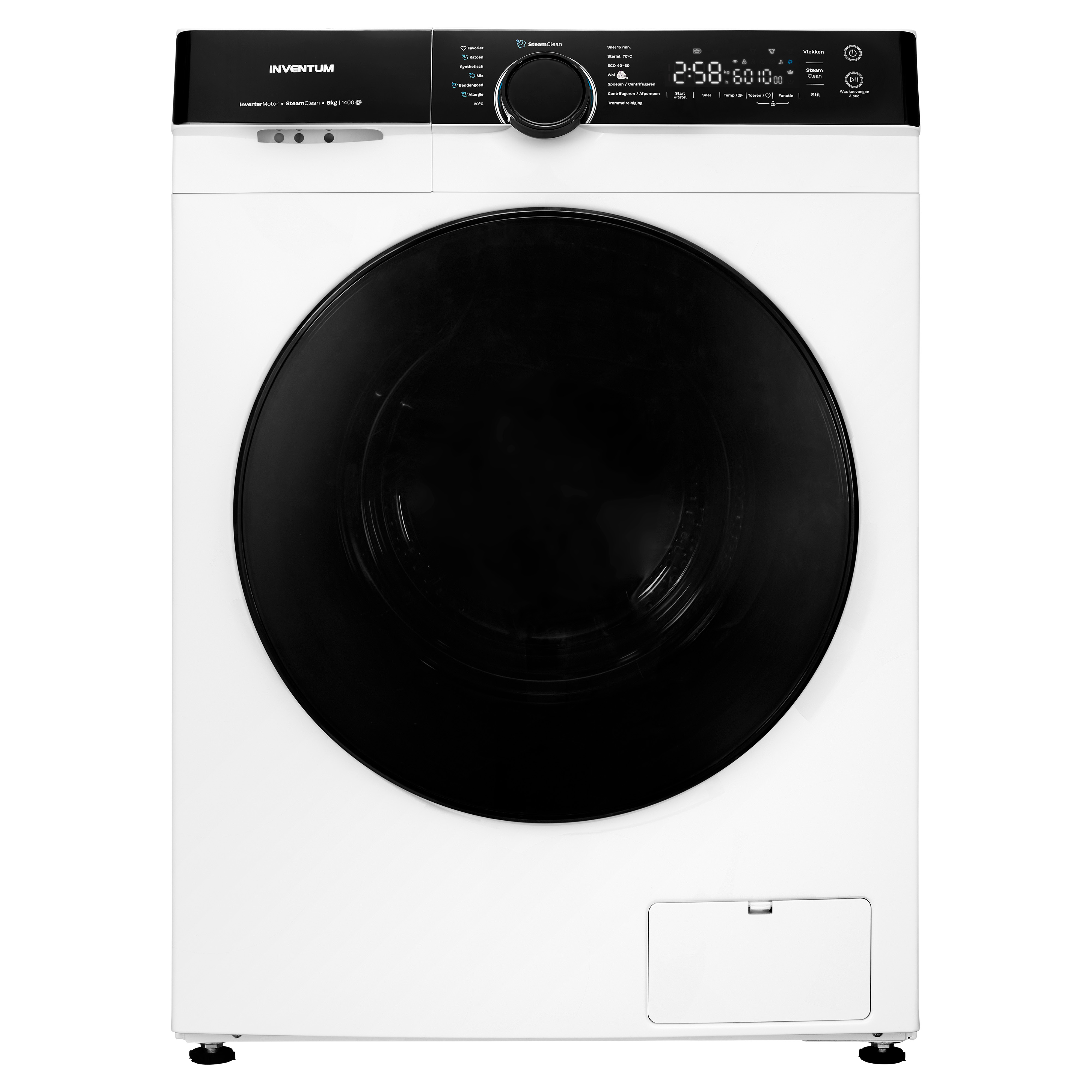 Witte wasmachine met een zwarte deur, bedieningspaneel en display.