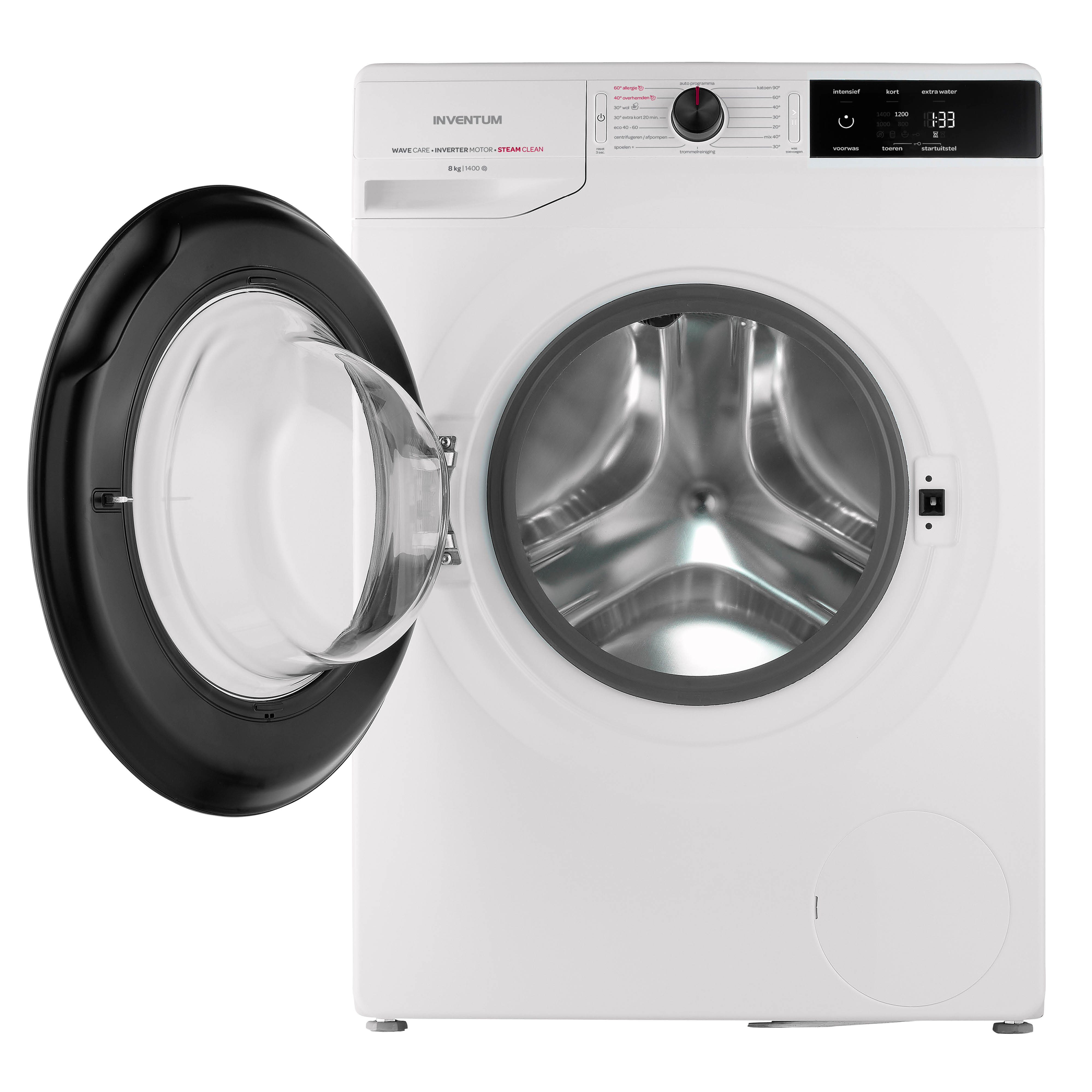 Witte wasmachine met open deur. De binnenkant is zichtbaar. 'INVENTUM' en bediening zichtbaar.