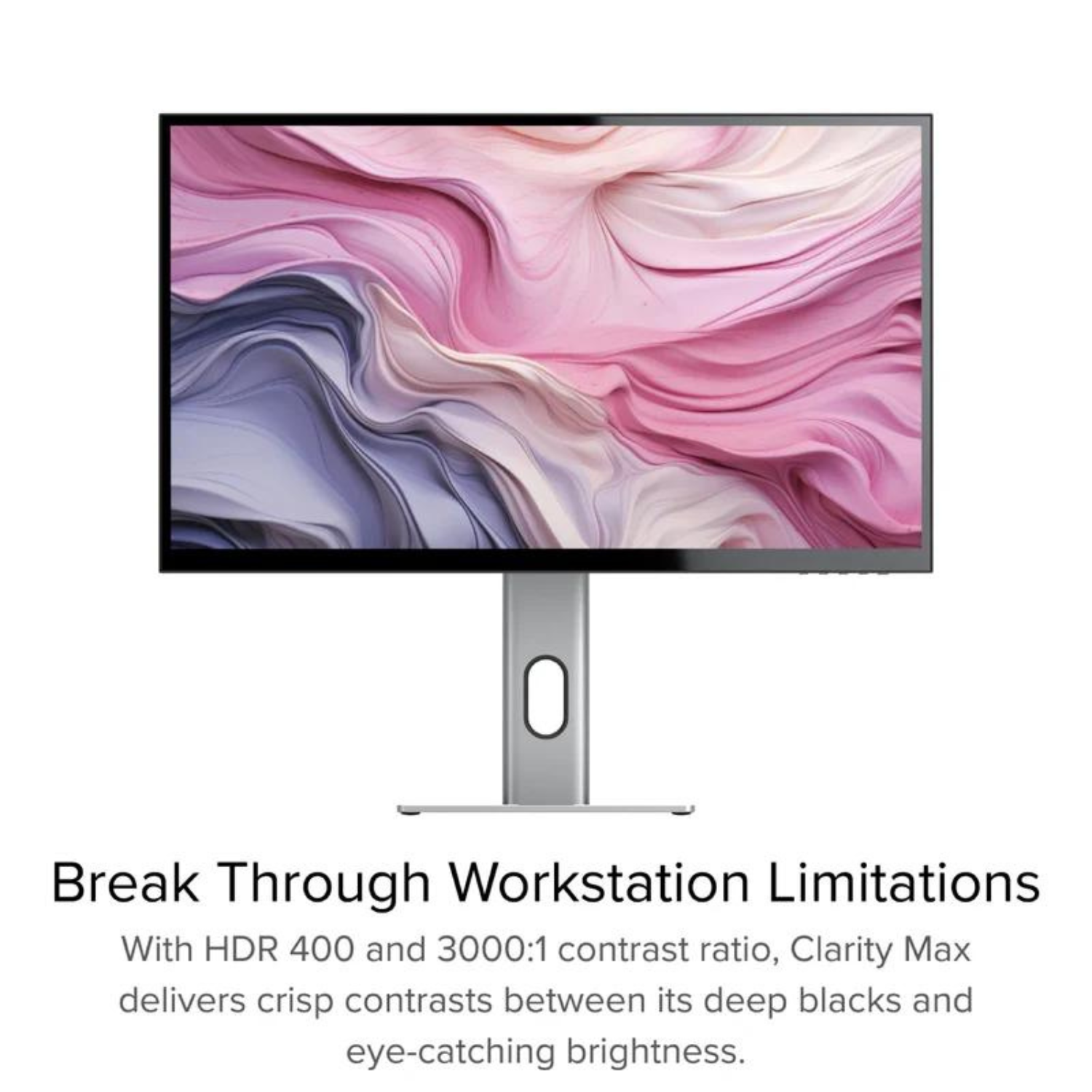 Monitor per computer, con arte astratta rosa e bianca, un supporto argentato.