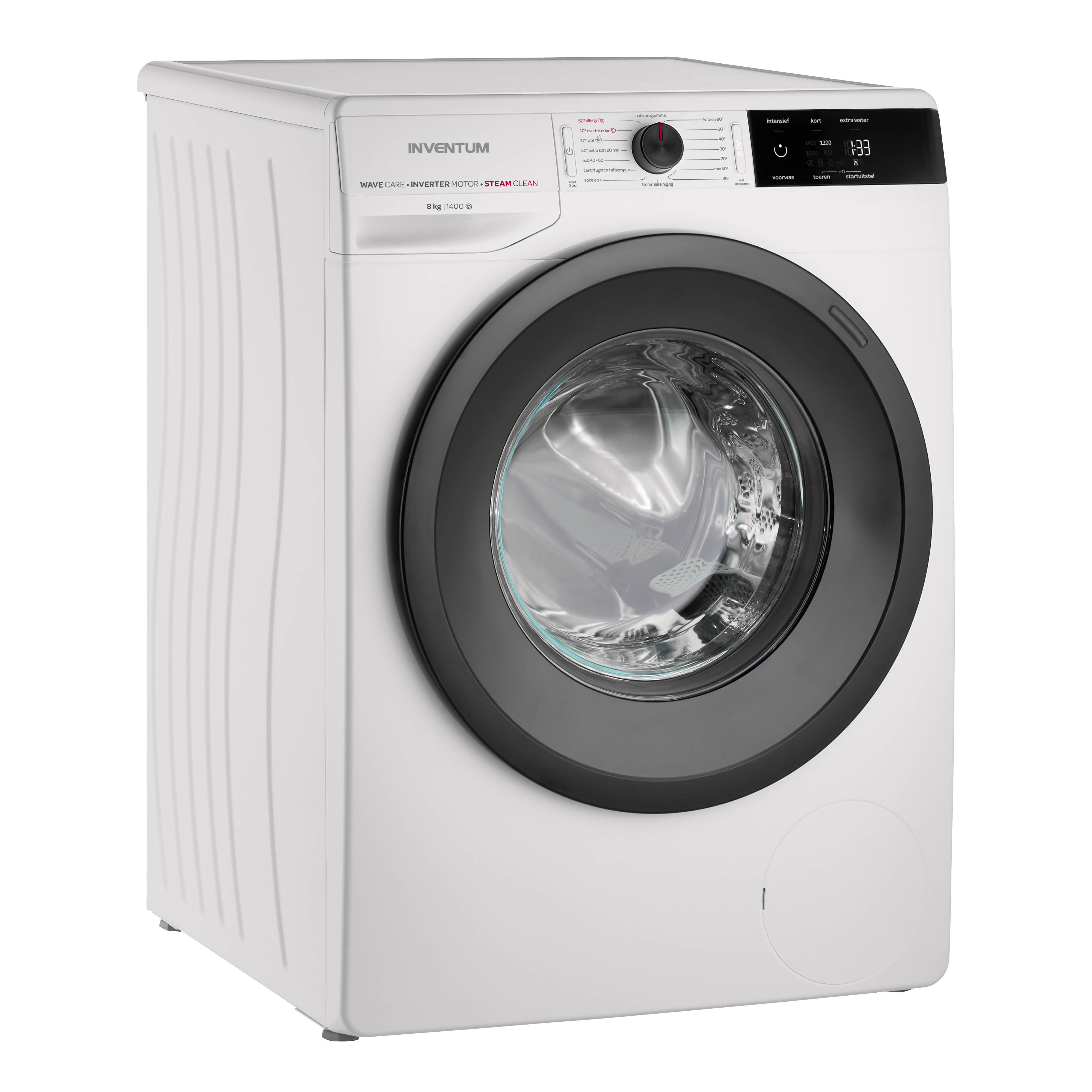 Een witte wasmachine met een zwarte deur, met een bedieningspaneel en een digitaal display.