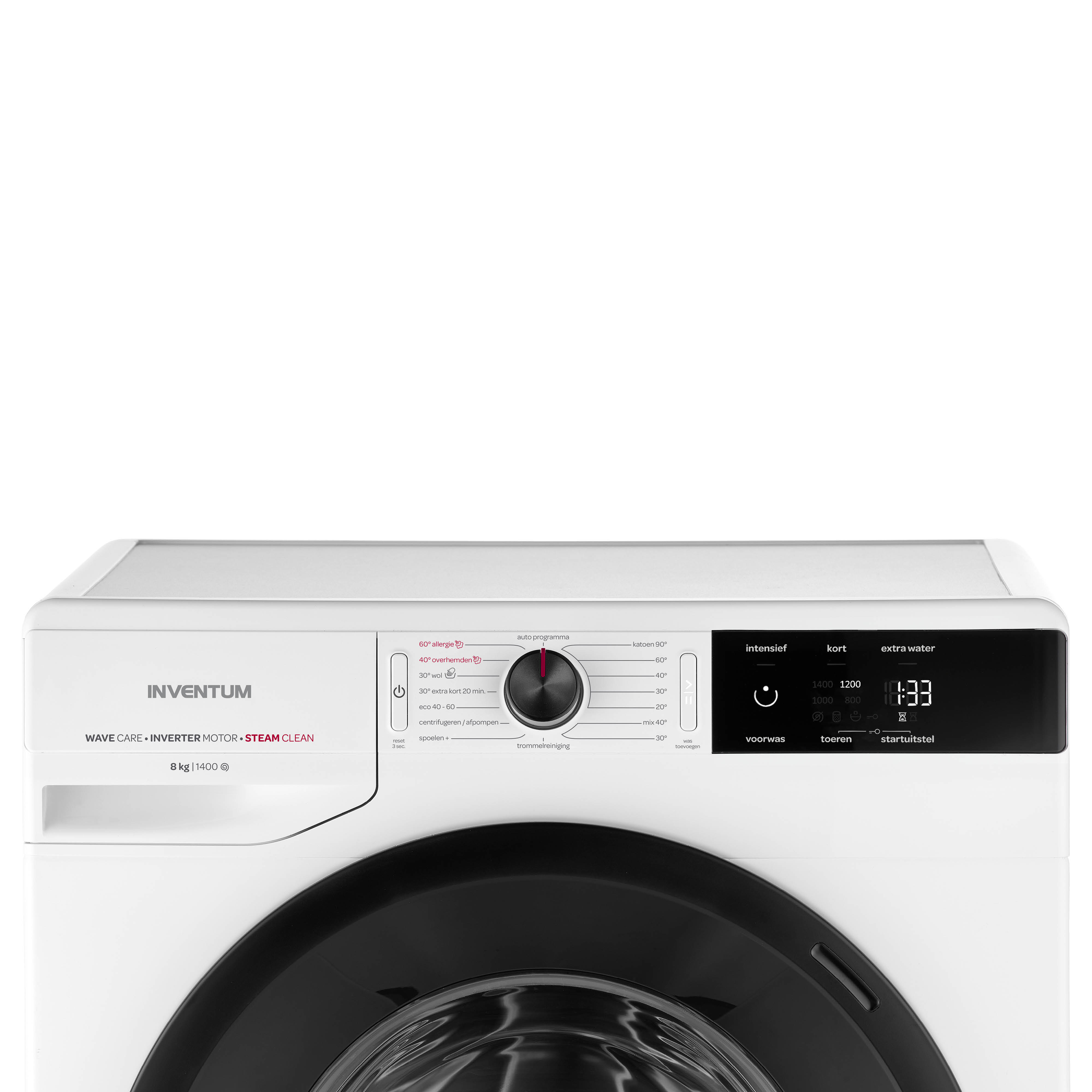 Witte wasmachine met zichtbaar bedieningspaneel, op een witte achtergrond.