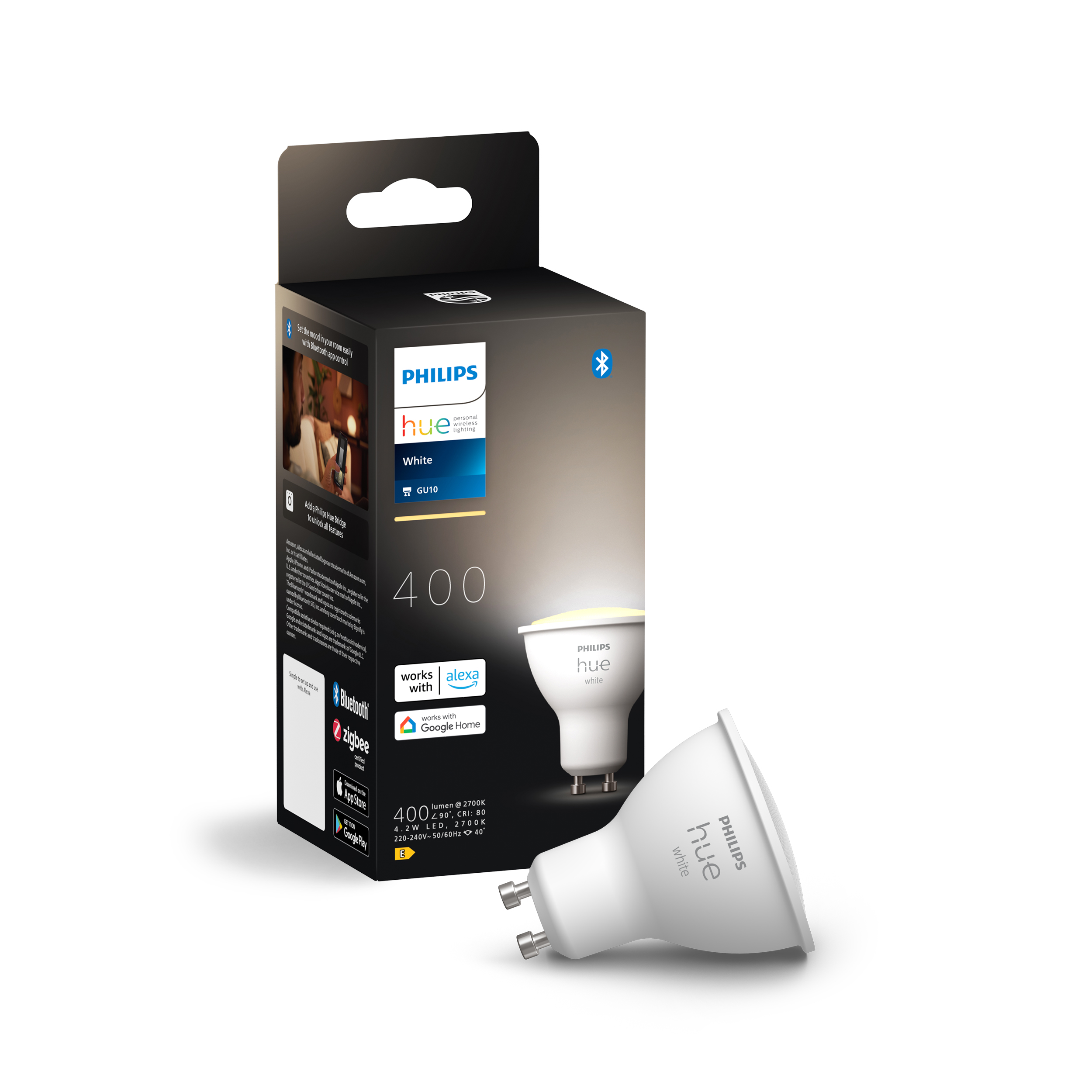Philips Hue white GU10 Smart-Lampe mit Box. Die Box zeigt die Glühbirne und ihre Funktionen.
