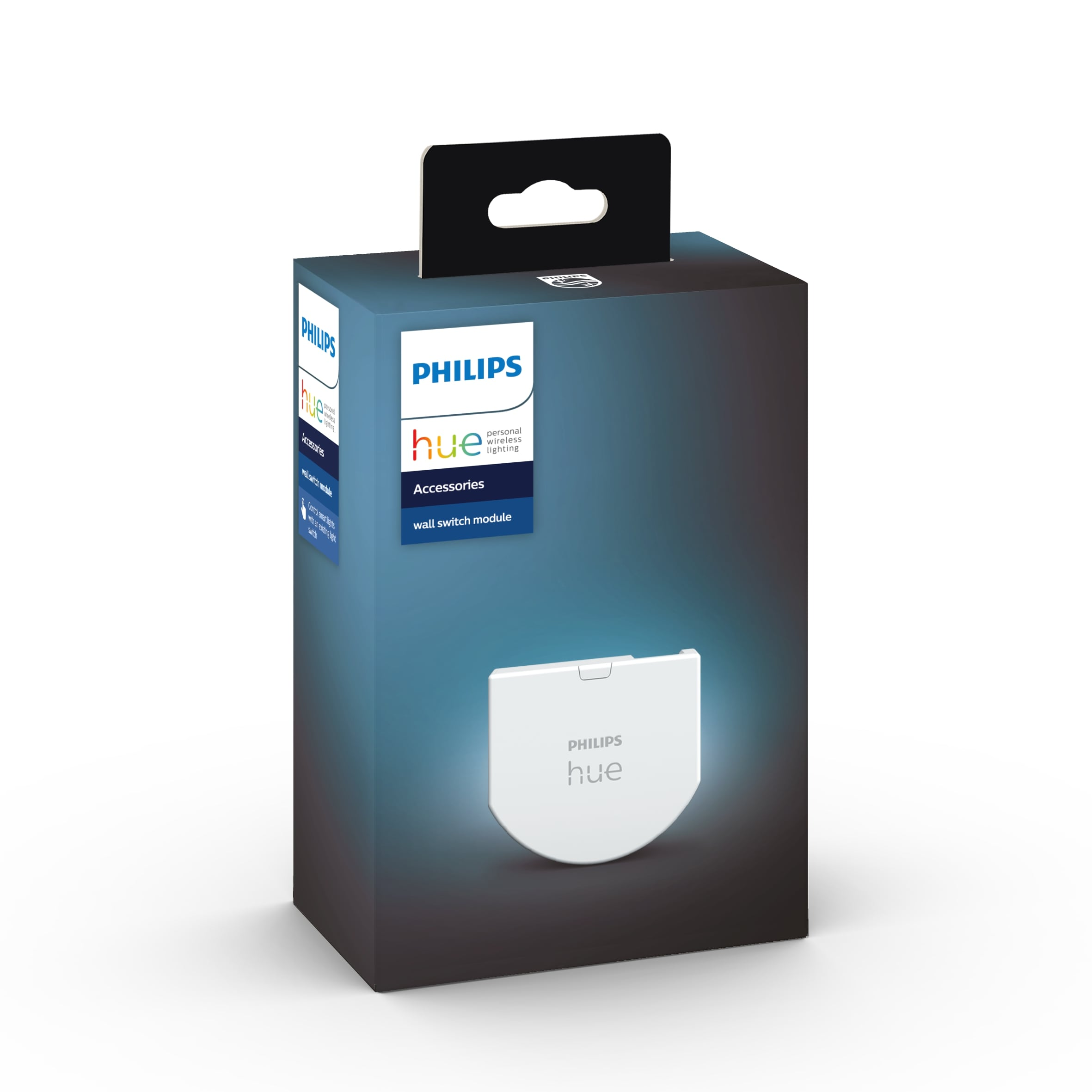 Philips Hue wandschakelmodule box. De doos is blauw en de schakelaar is wit.