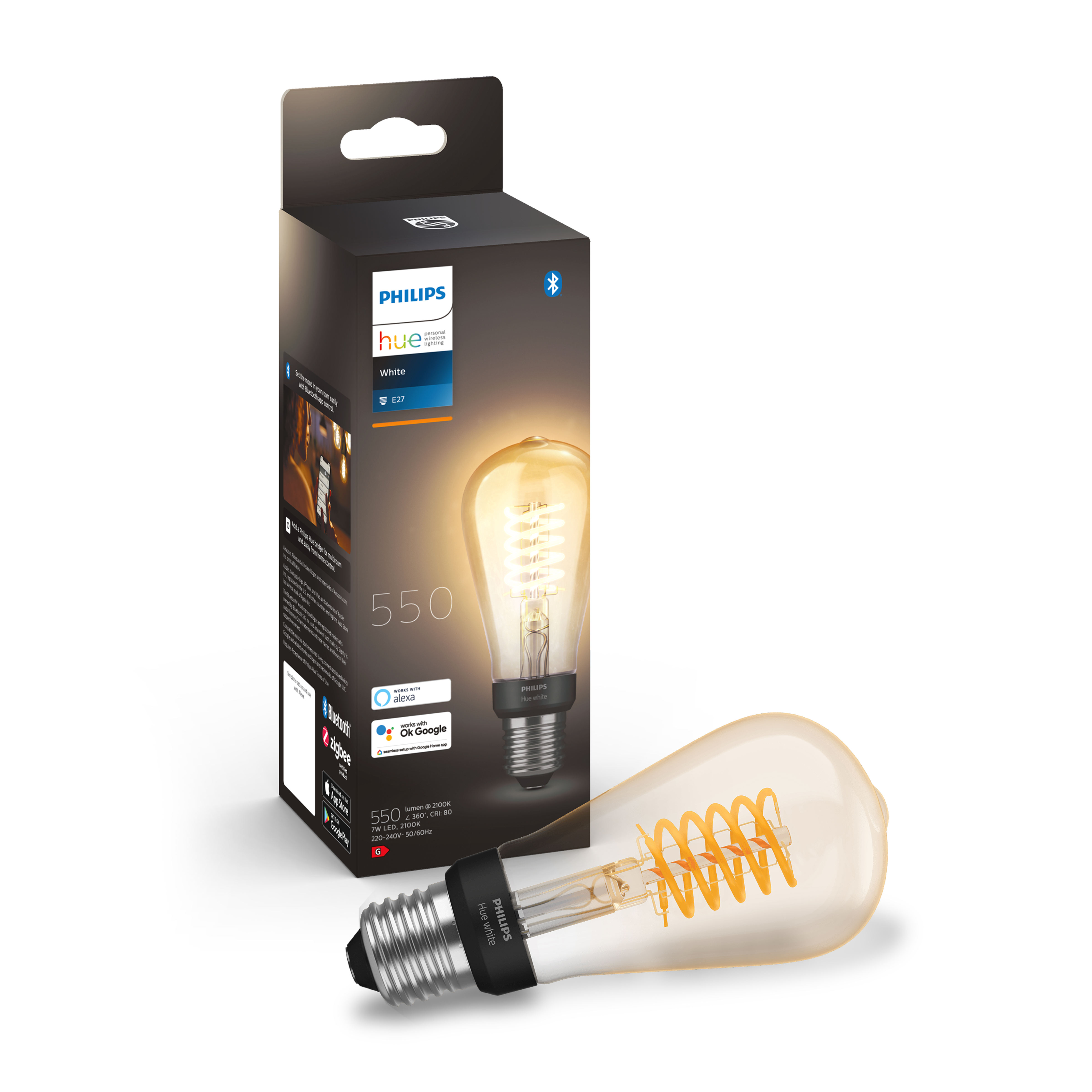 Philips Hue Edison slimme lamp, met doos, op witte achtergrond.