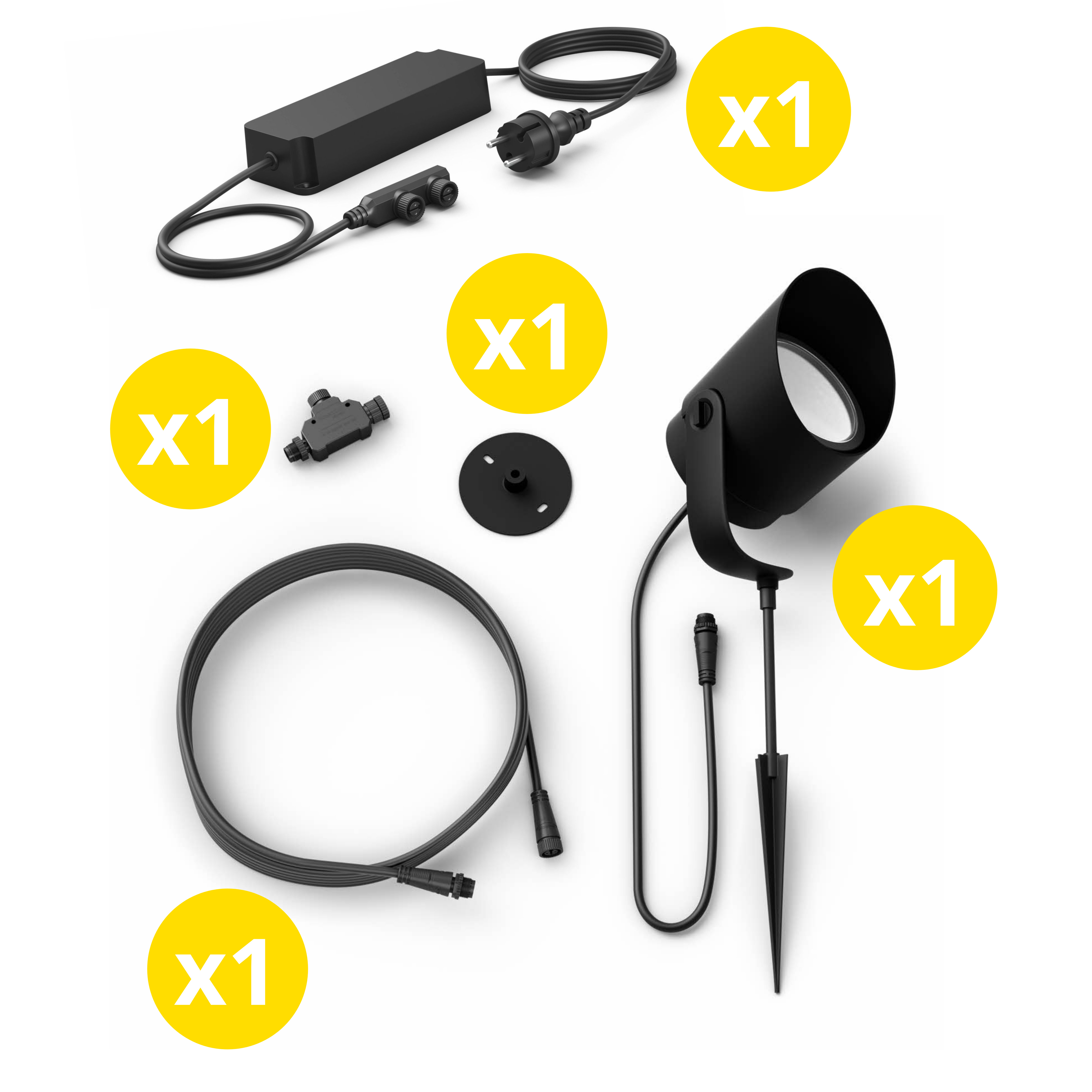 Un kit de projecteurs noirs avec plusieurs composants, dont des câbles et une alimentation.