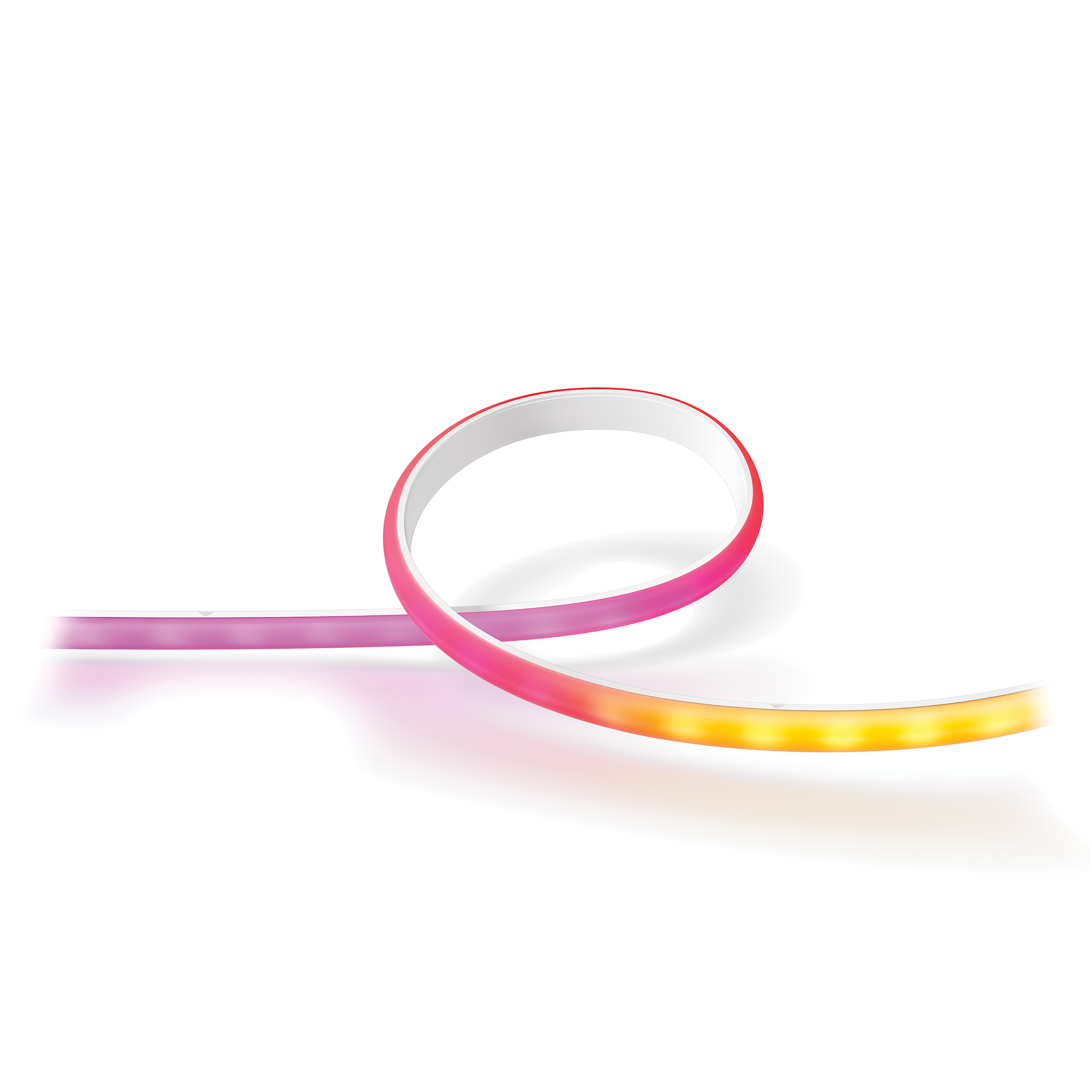 Ein flexibles LED-Lichtband mit einem Farbverlauf aus Pink, Rot und Gelb.
