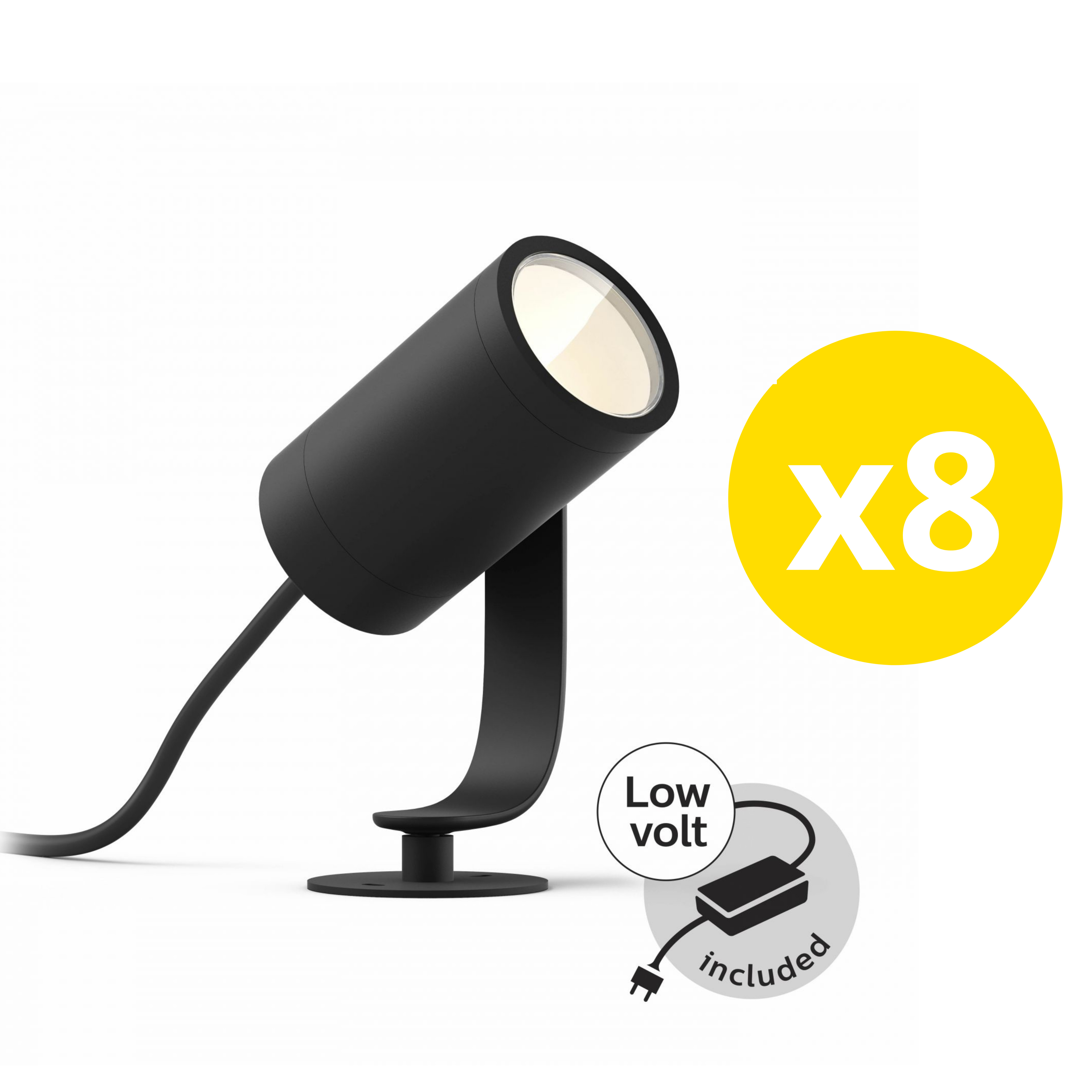 Een zwarte spot met warm licht, met een geel 'x8' teken en tekst.
