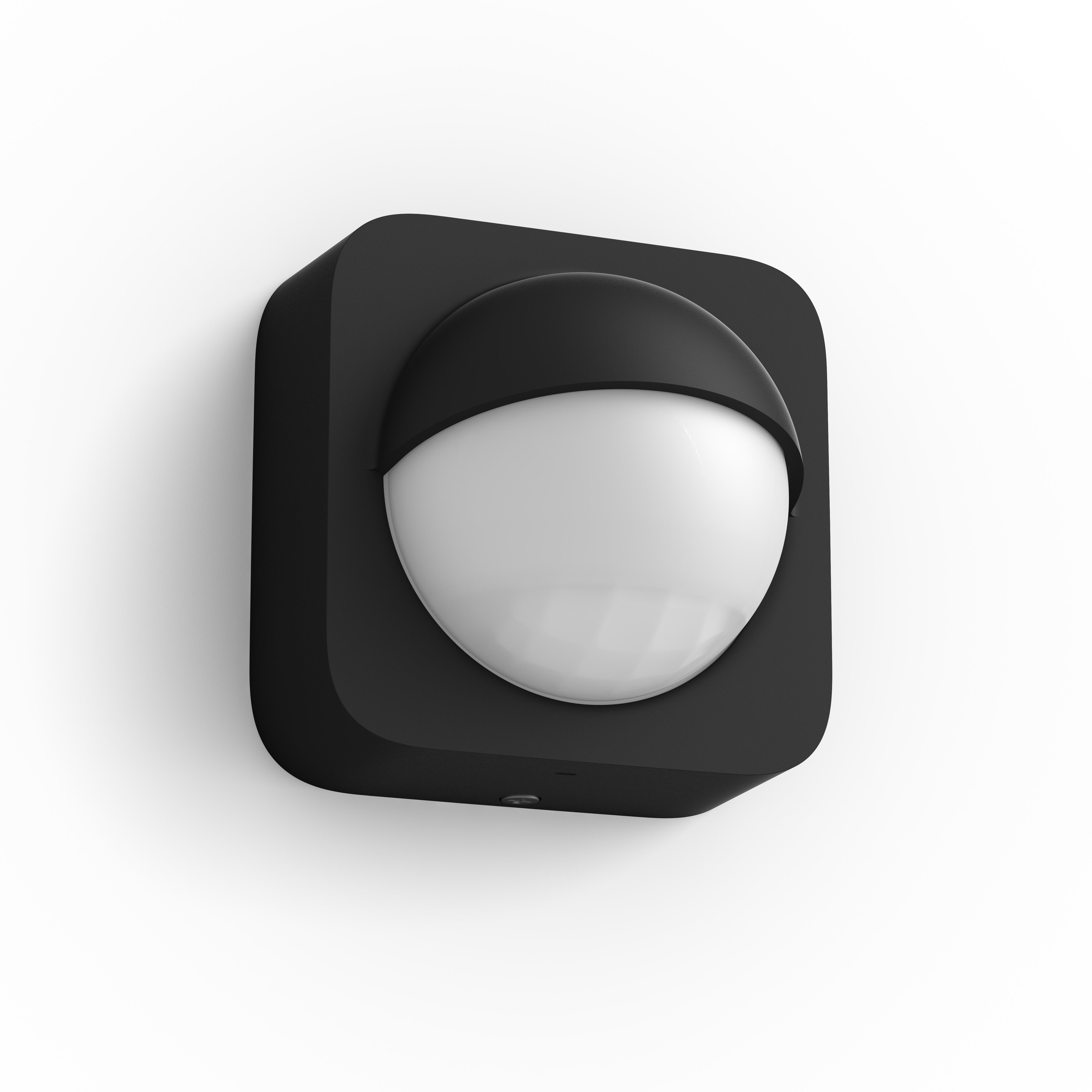 Luminaire extérieur noir, design semi-sphérique. Fond blanc.