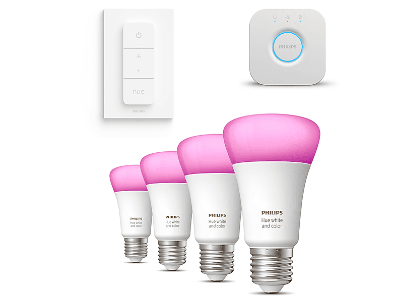 2 farbige E27-Lampen A60 + Dimmschalter + Hue Bridge Pro | Philips Hue DE