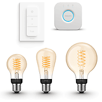 MediaMarkt PHILIPS HUE Starterspakket E27 Filament Mix Goud - 3 Hue Lampen,1 Bridge,1 Dimmer Switch aanbieding