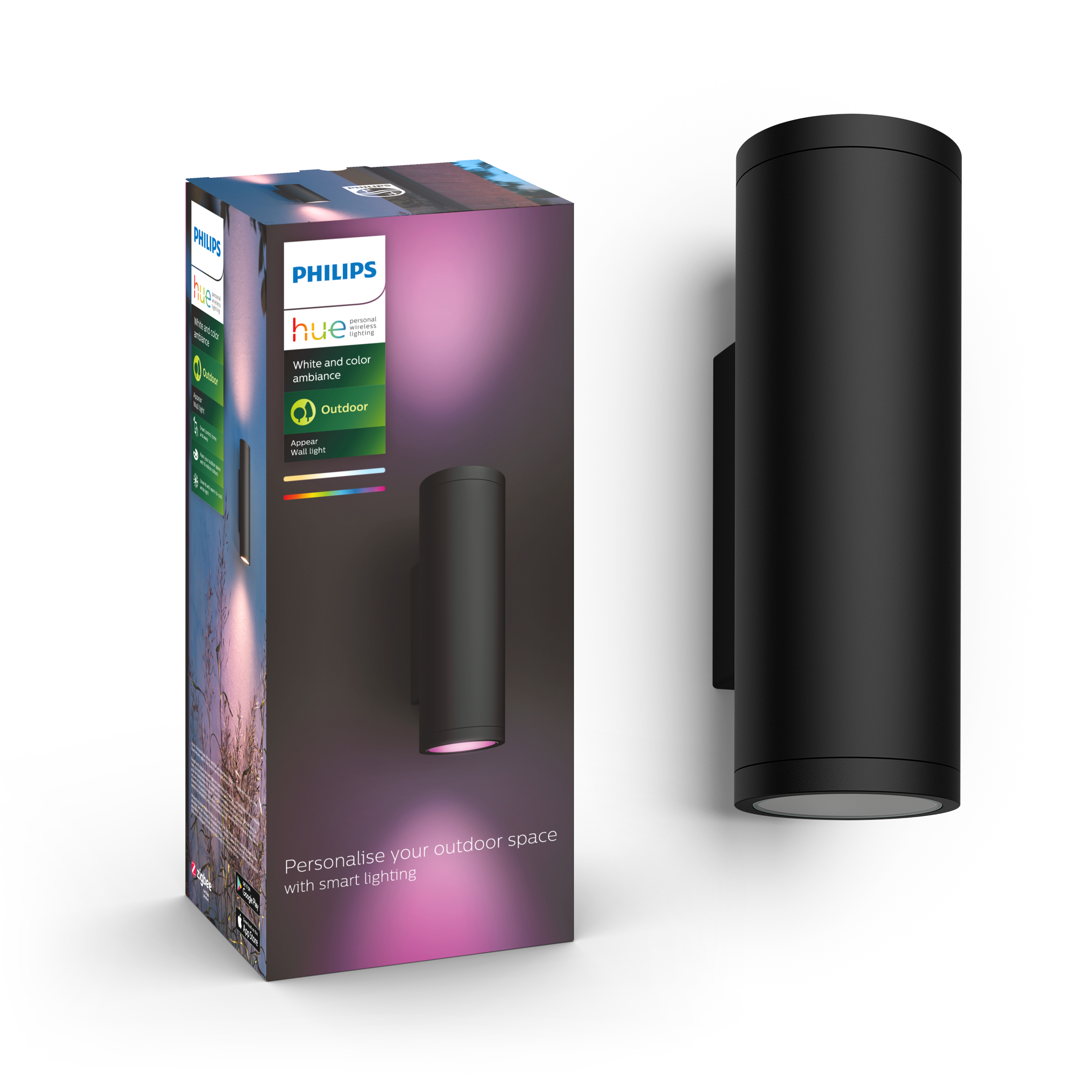 Applique murale extérieure Philips Hue noire et boîte. La boîte affiche l'image et les caractéristiques du produit.