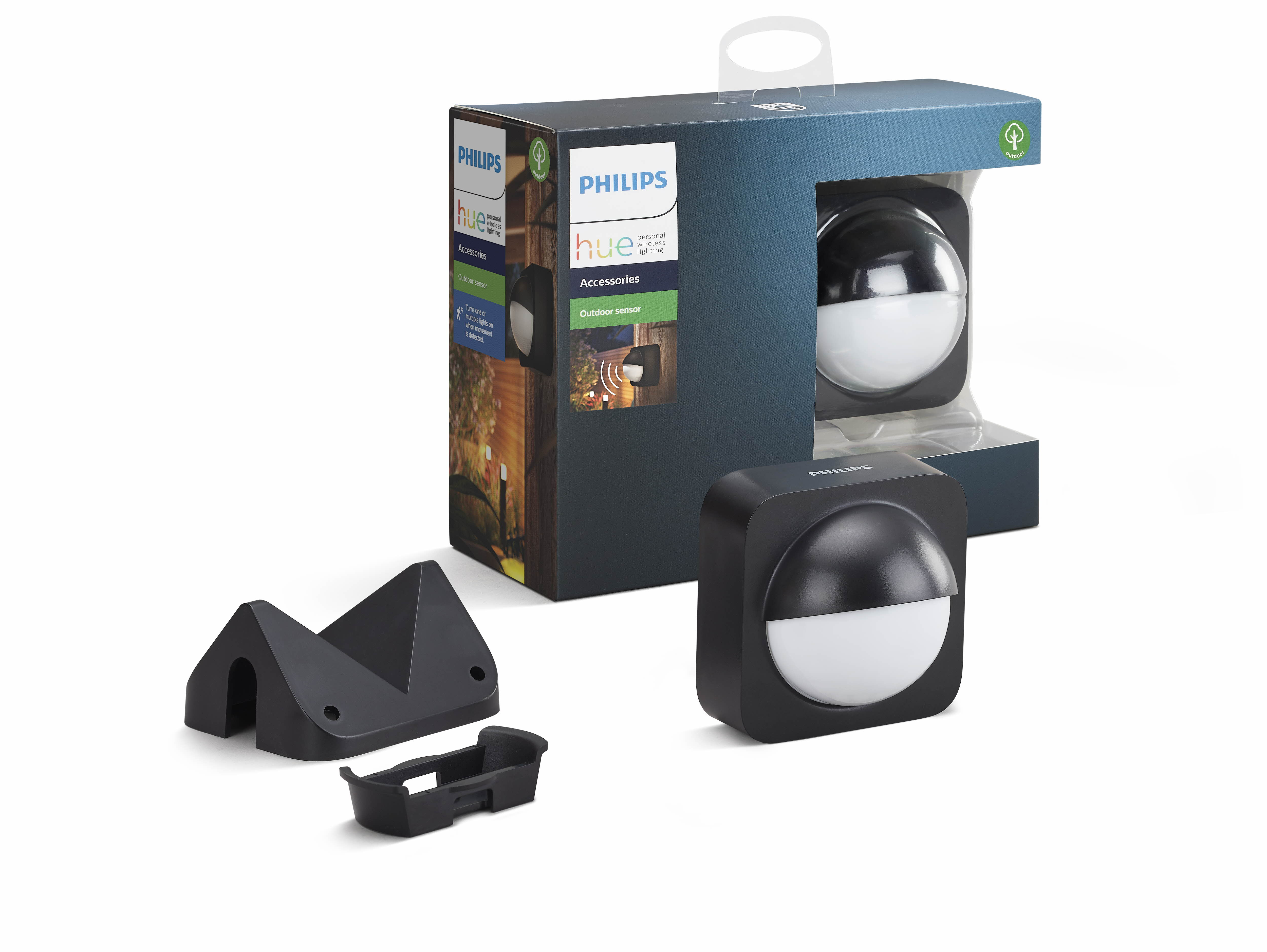 Doos met Philips Hue buitensensor, zwart-wit design.