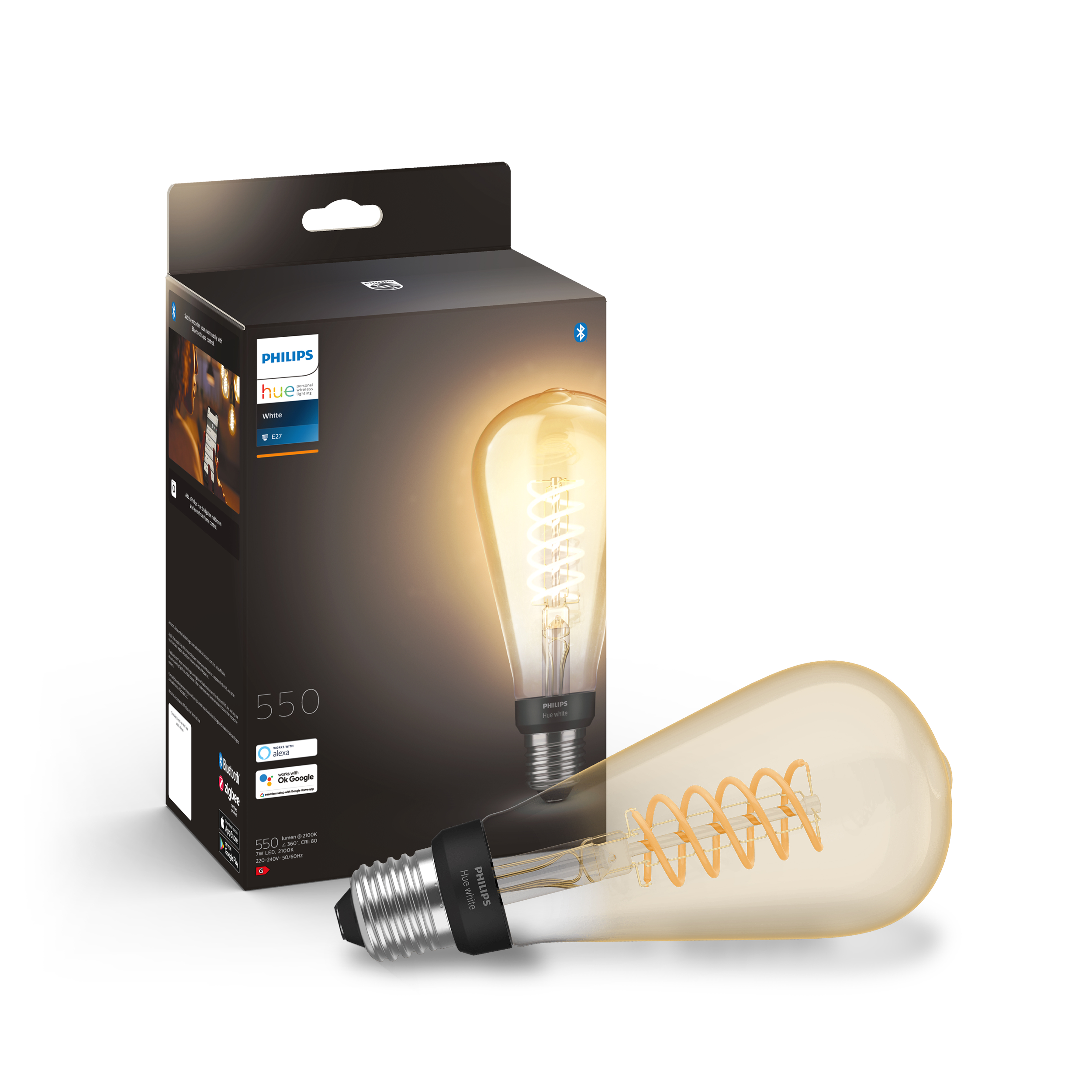 Philips Hue-lamp met doos, helder glas, Edison-stijl, zwarte basis.
