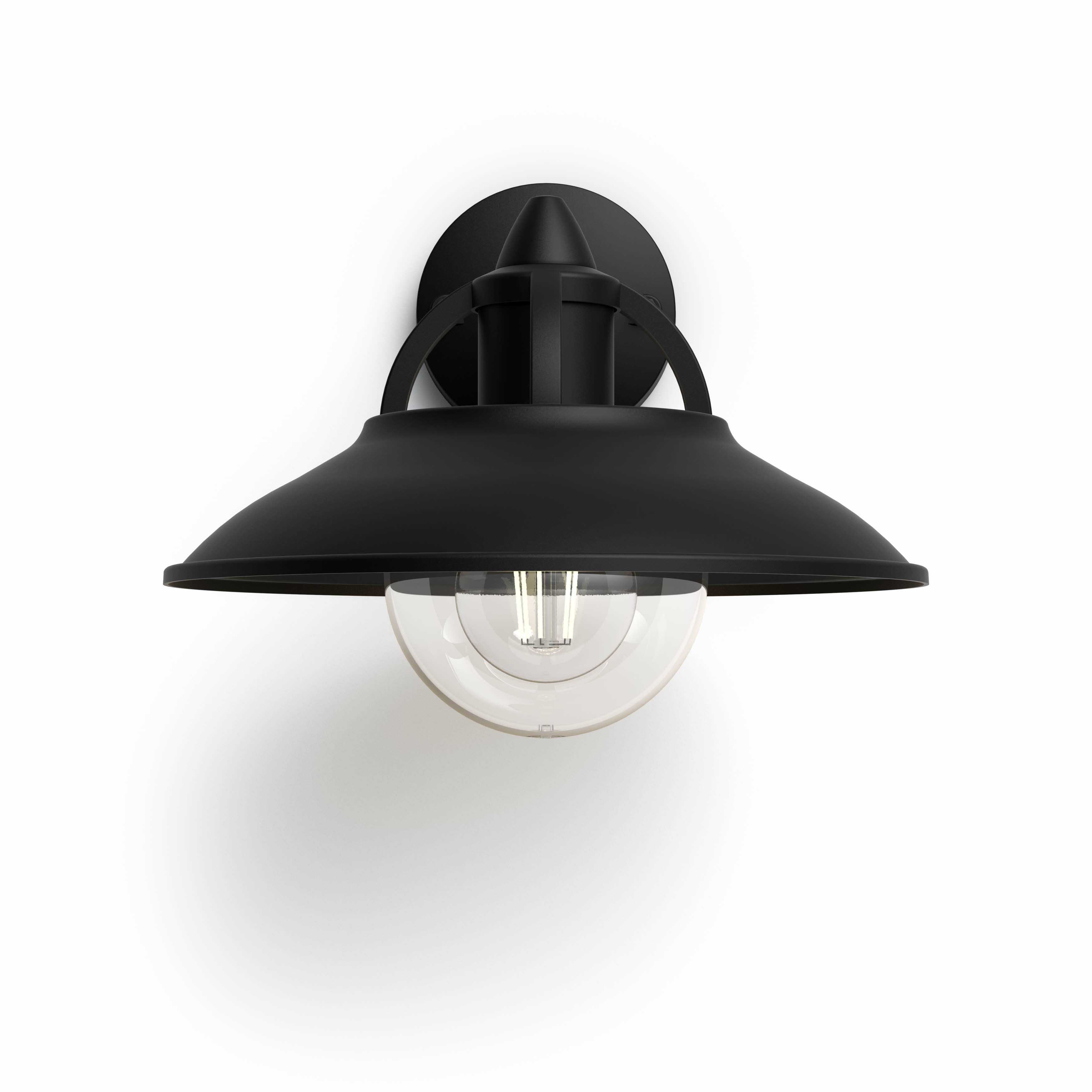 Schwarze Außenwandleuchte mit Glaskugel und gebogenem Schirm, auf weißem Grund.
