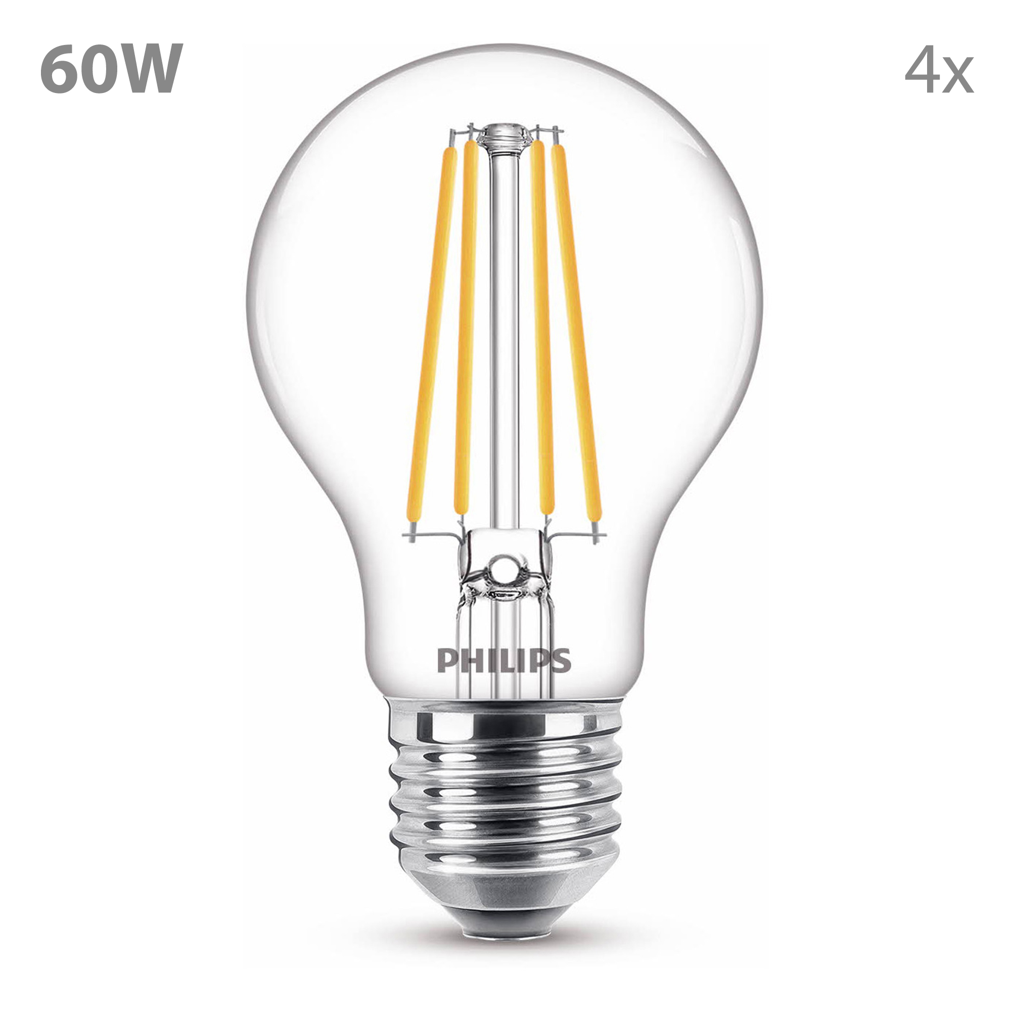 Una bombilla LED Philips transparente con filamentos amarillos, etiquetada 60W y 4x.