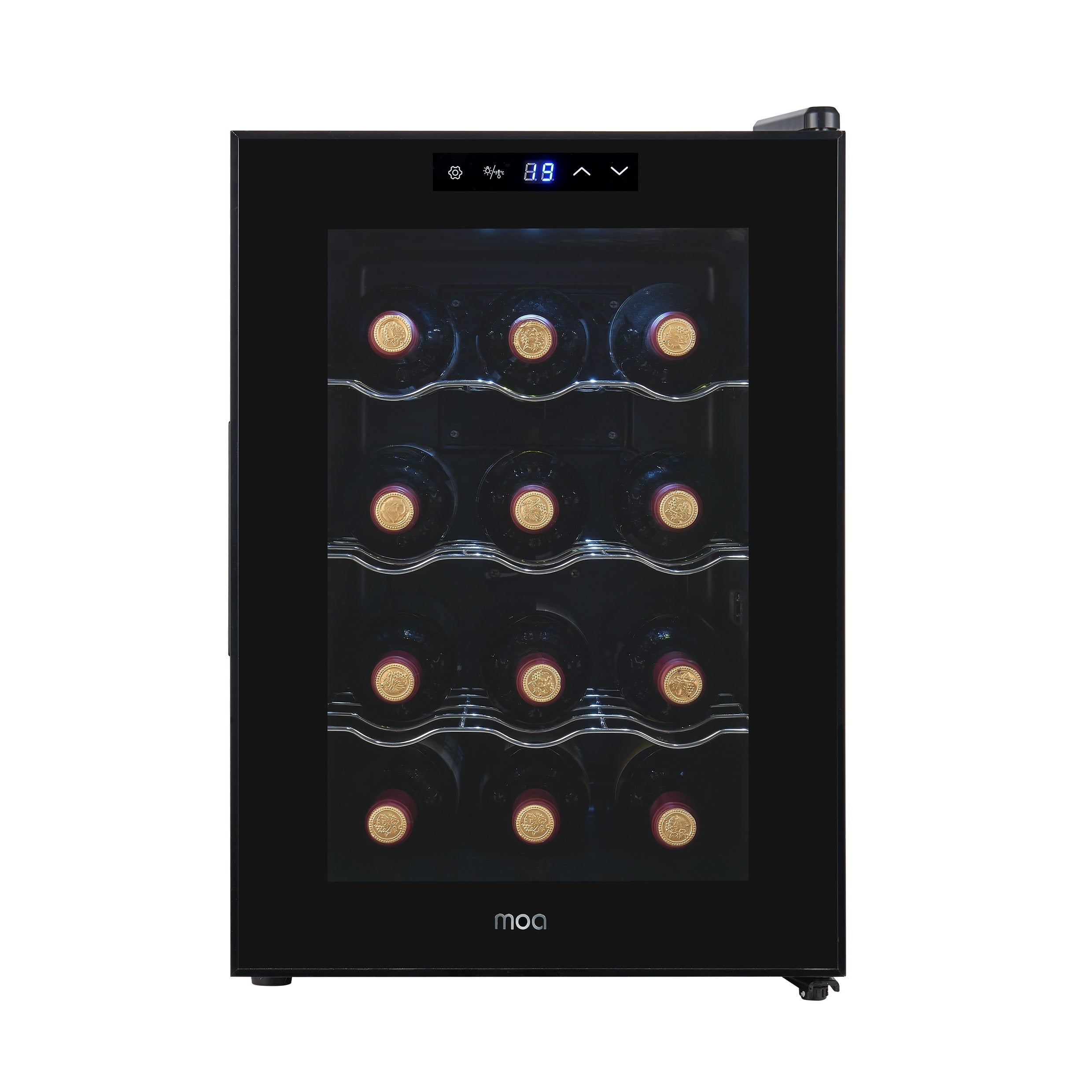 Black moa wine cooler with glass door, filled with wine bottles. Digital display at top. Black background.