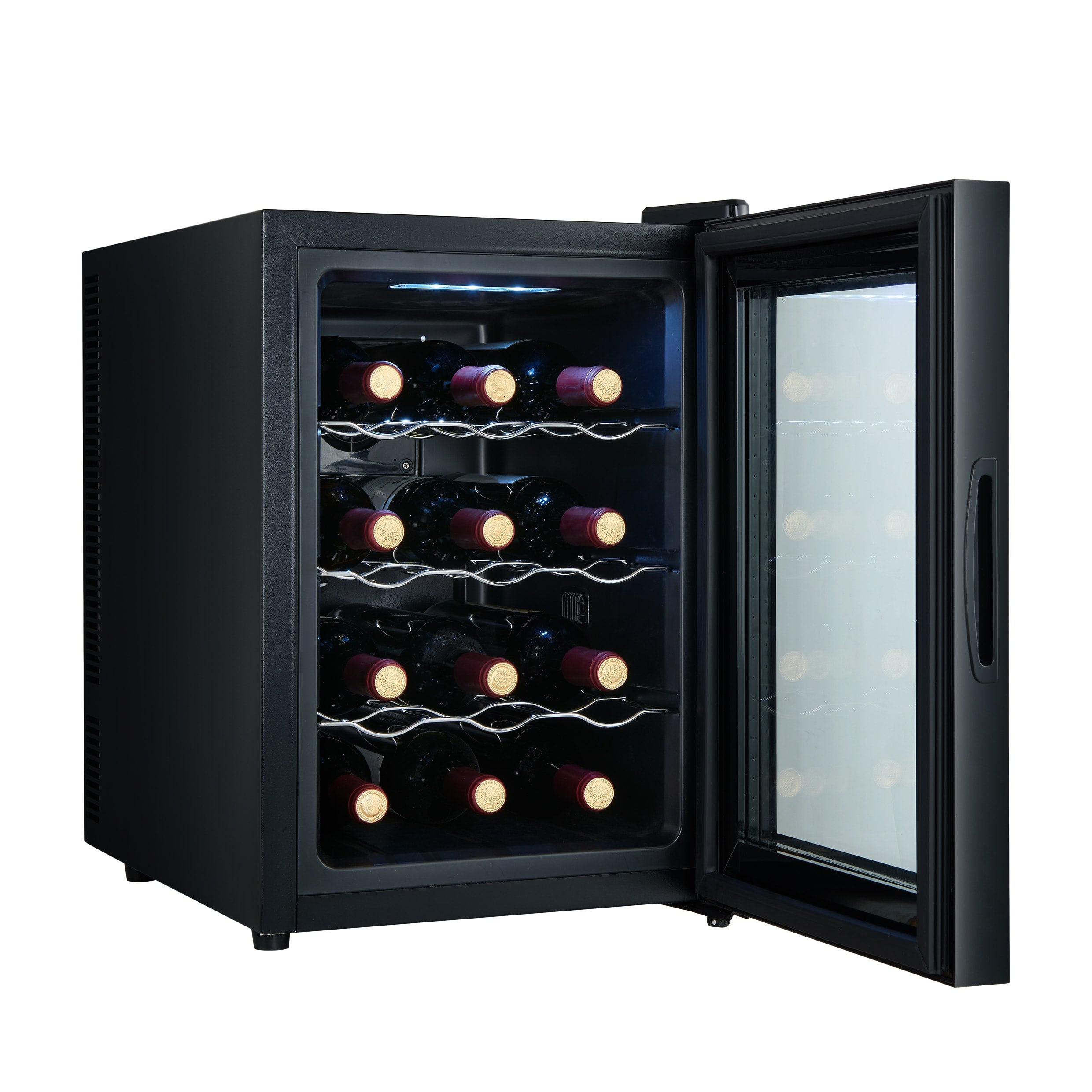 Black wine cooler with glass door open, showing bottles on shelves.