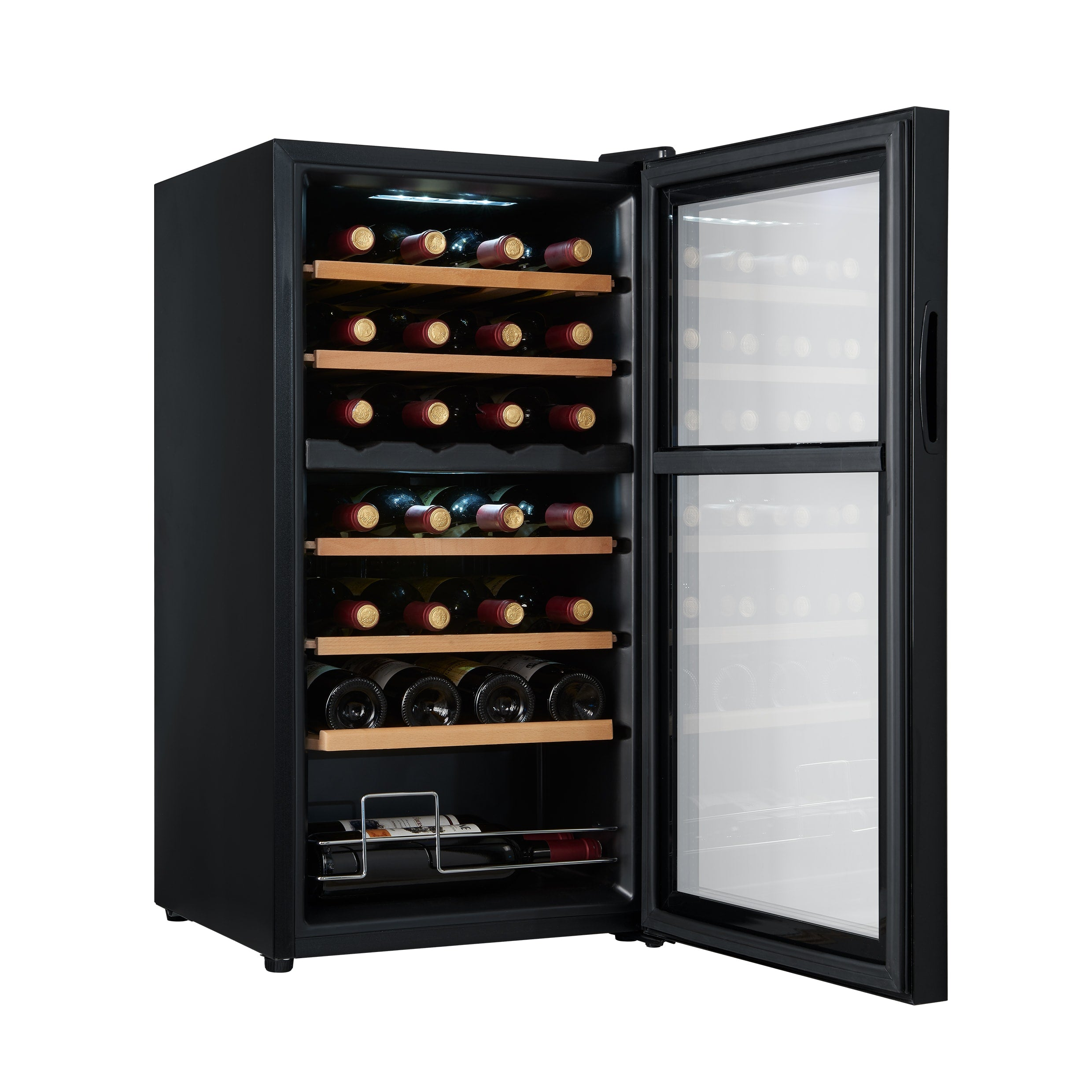 Black wine cooler with open door, showing wine bottles on wooden shelves.